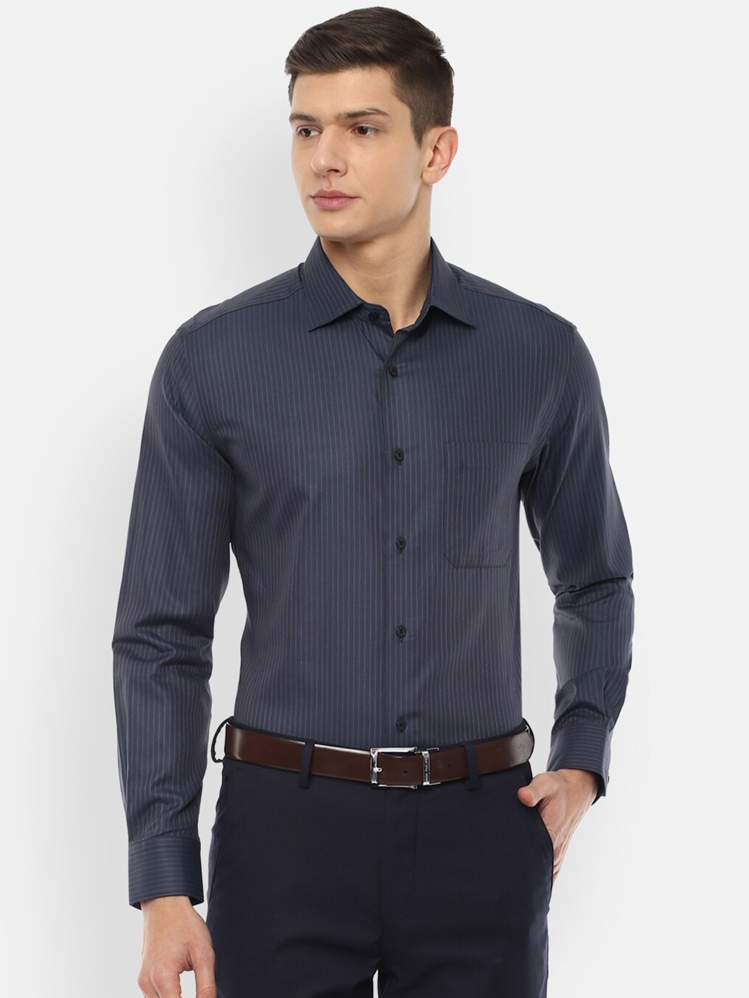 

Louis Philippe Men Grey Striped Pure Cotton Formal Shirt