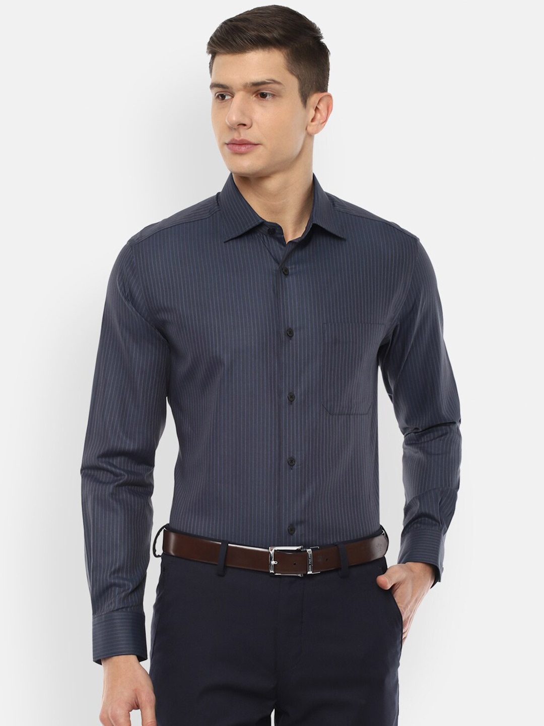 

Louis Philippe Men Grey Striped Cotton Formal Shirt