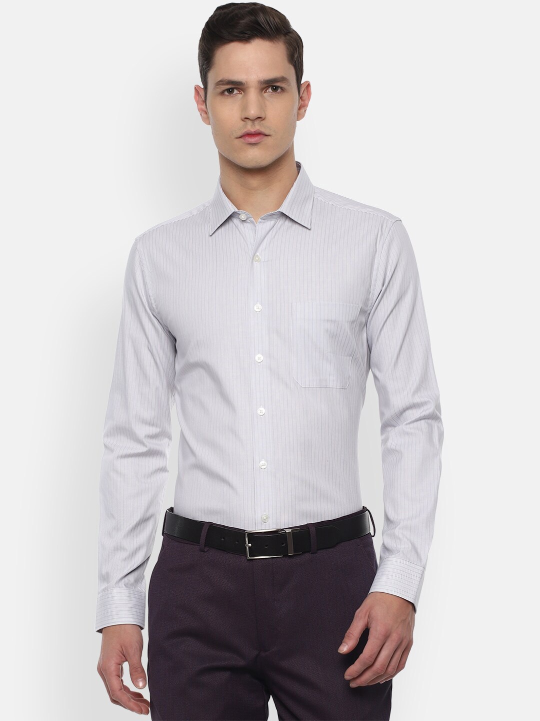 

Louis Philippe Men Grey Slim Fit Striped Pure Cotton Formal Shirt
