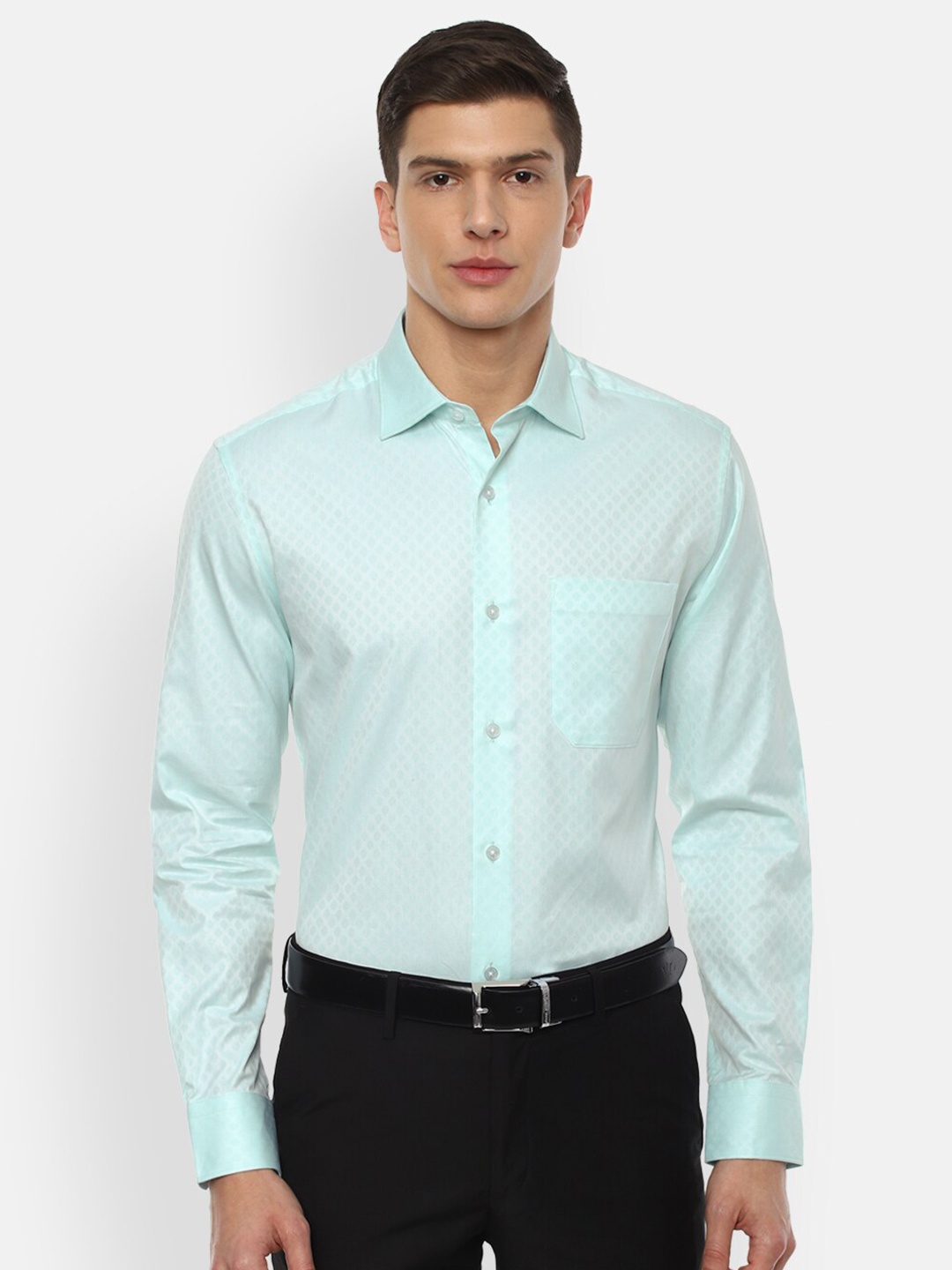 

Louis Philippe Men Turquoise Blue Self Design Pure Cotton Formal Shirt