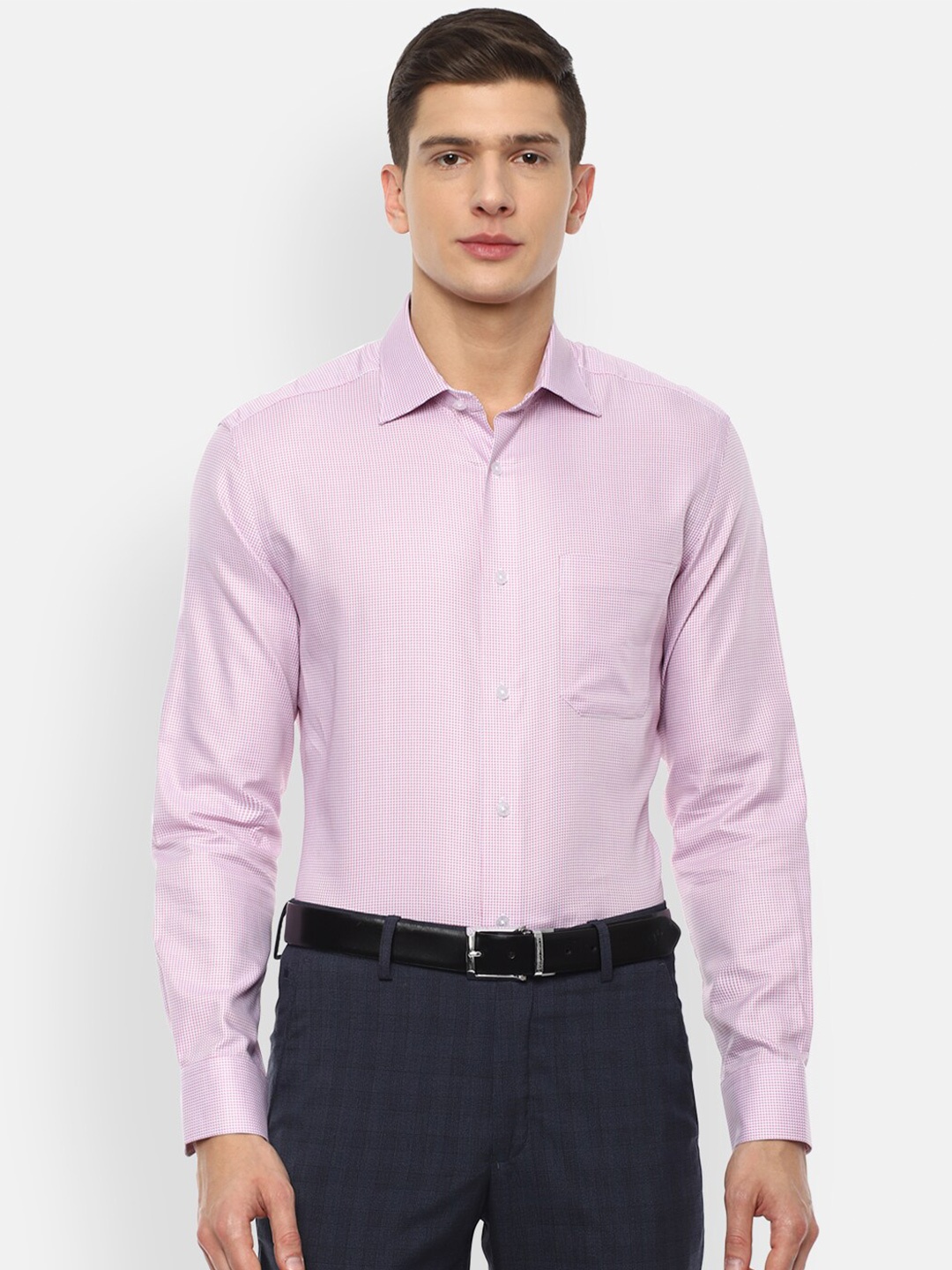 

Louis Philippe Men Pink & White Self Design Pure Cotton Formal Shirt, Purple