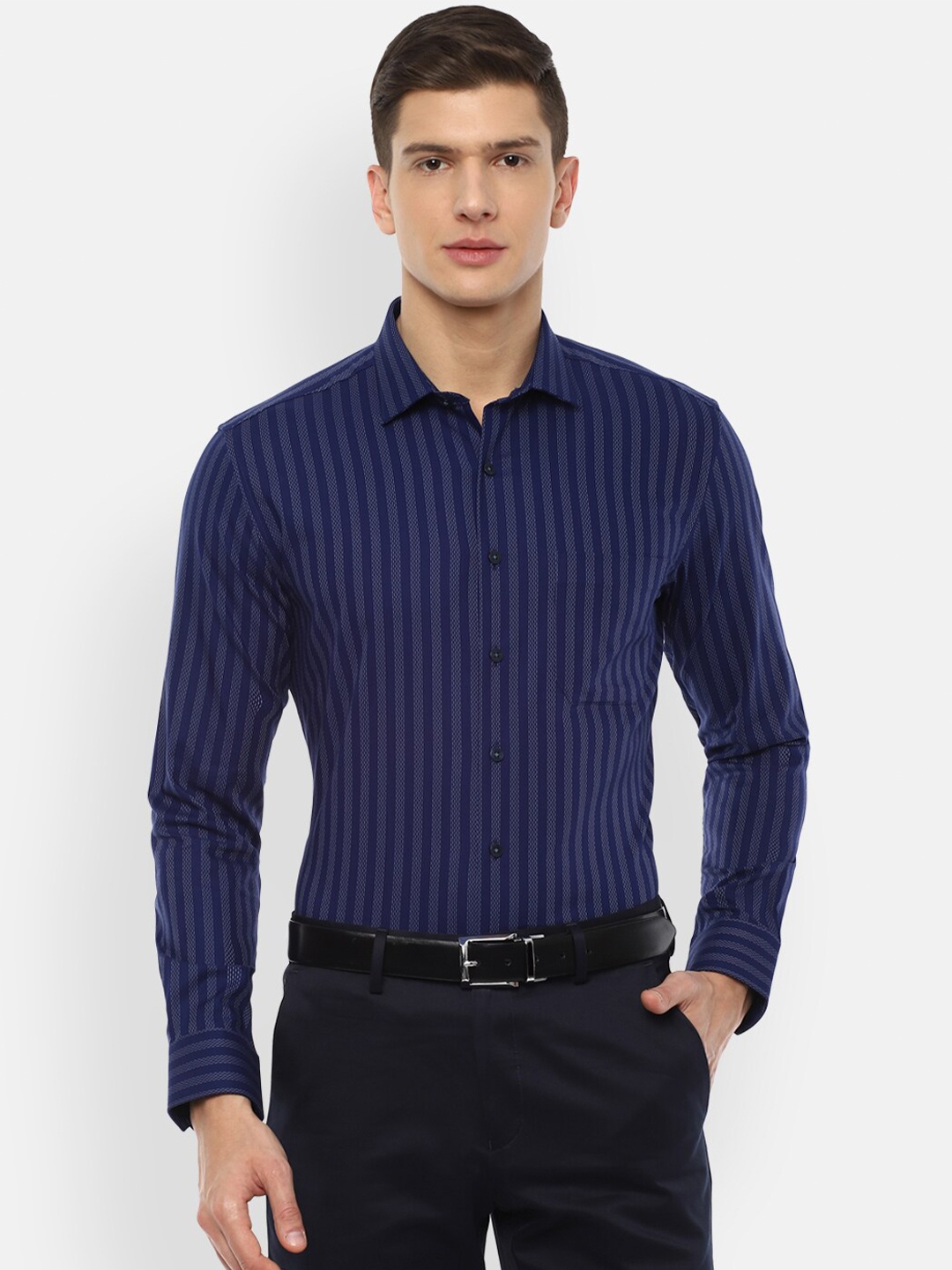 

Louis Philippe Men Navy Blue Slim Fit Striped Pure Cotton Formal Shirt