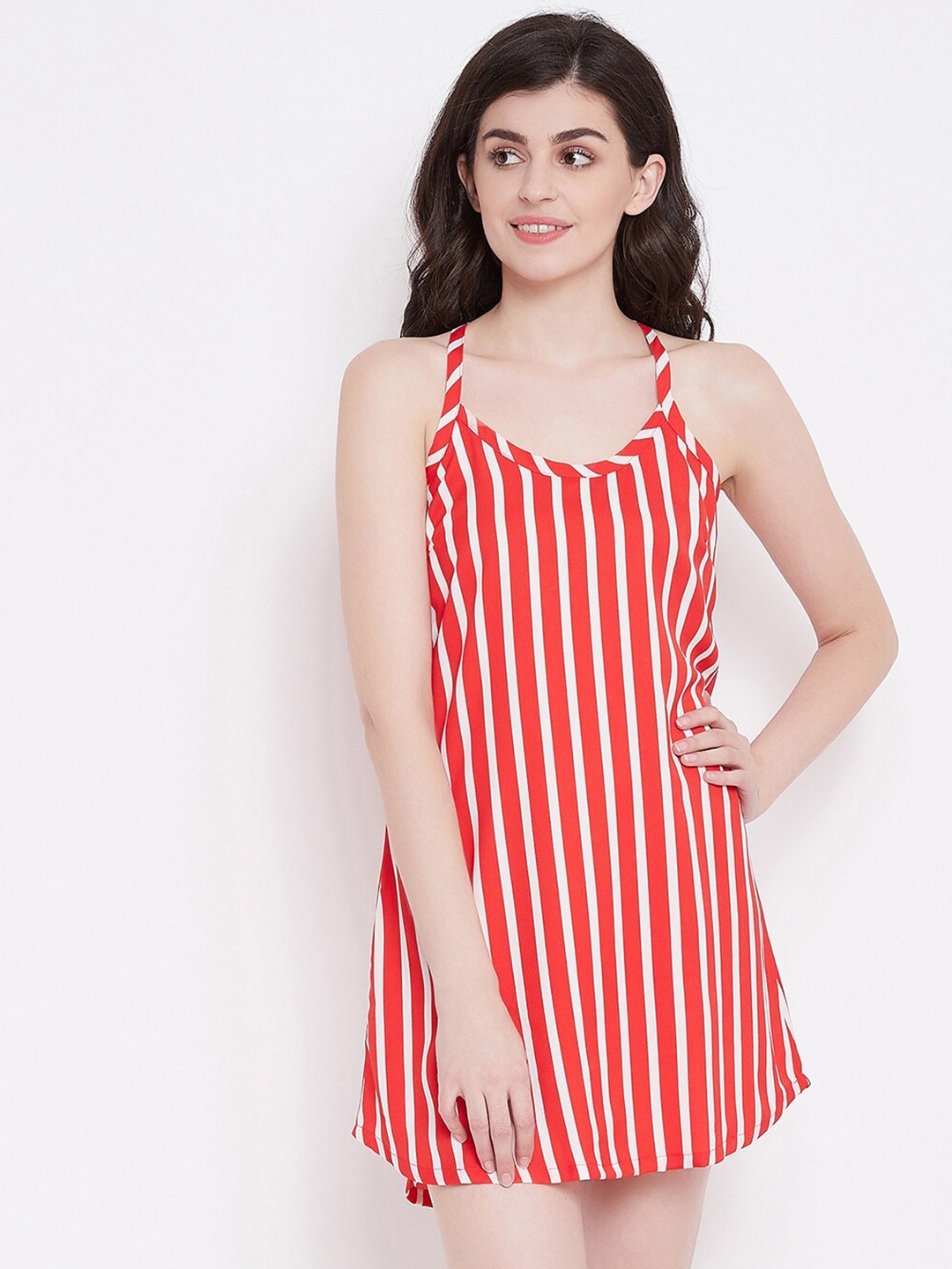 

Clovia Red & White Striped Nightdress