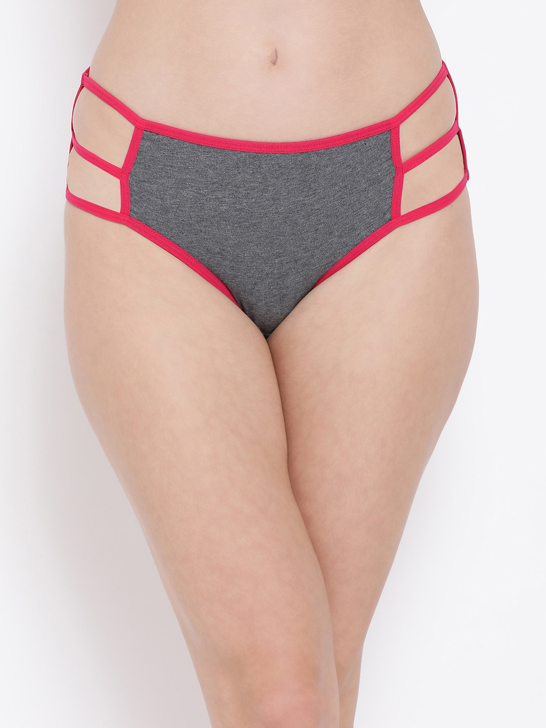 

Clovia Women Grey & Red Mid Waist Hipster Briefs With Cage Sides