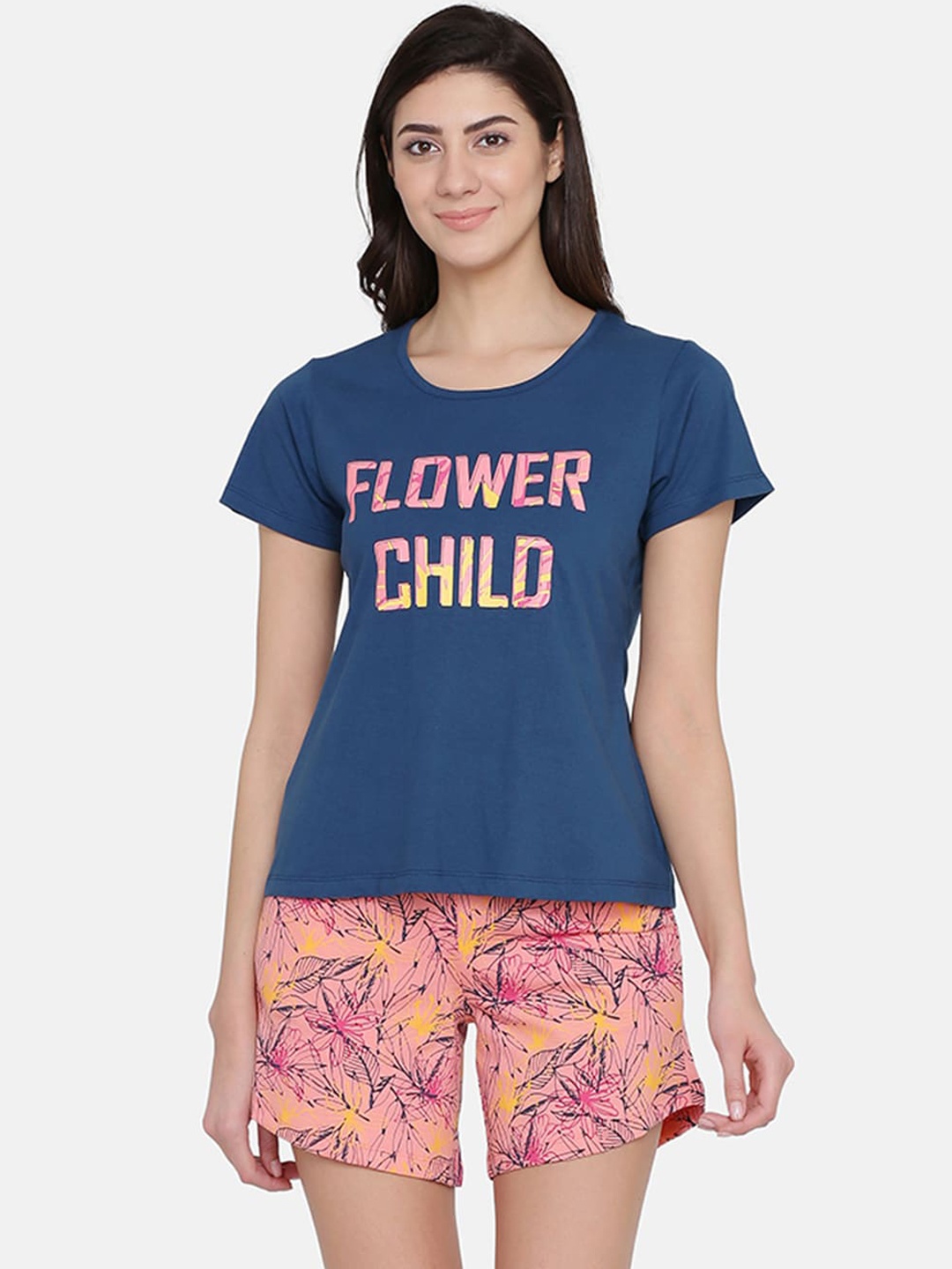 

Clovia Women Printed Pure Cotton Night suit, Blue