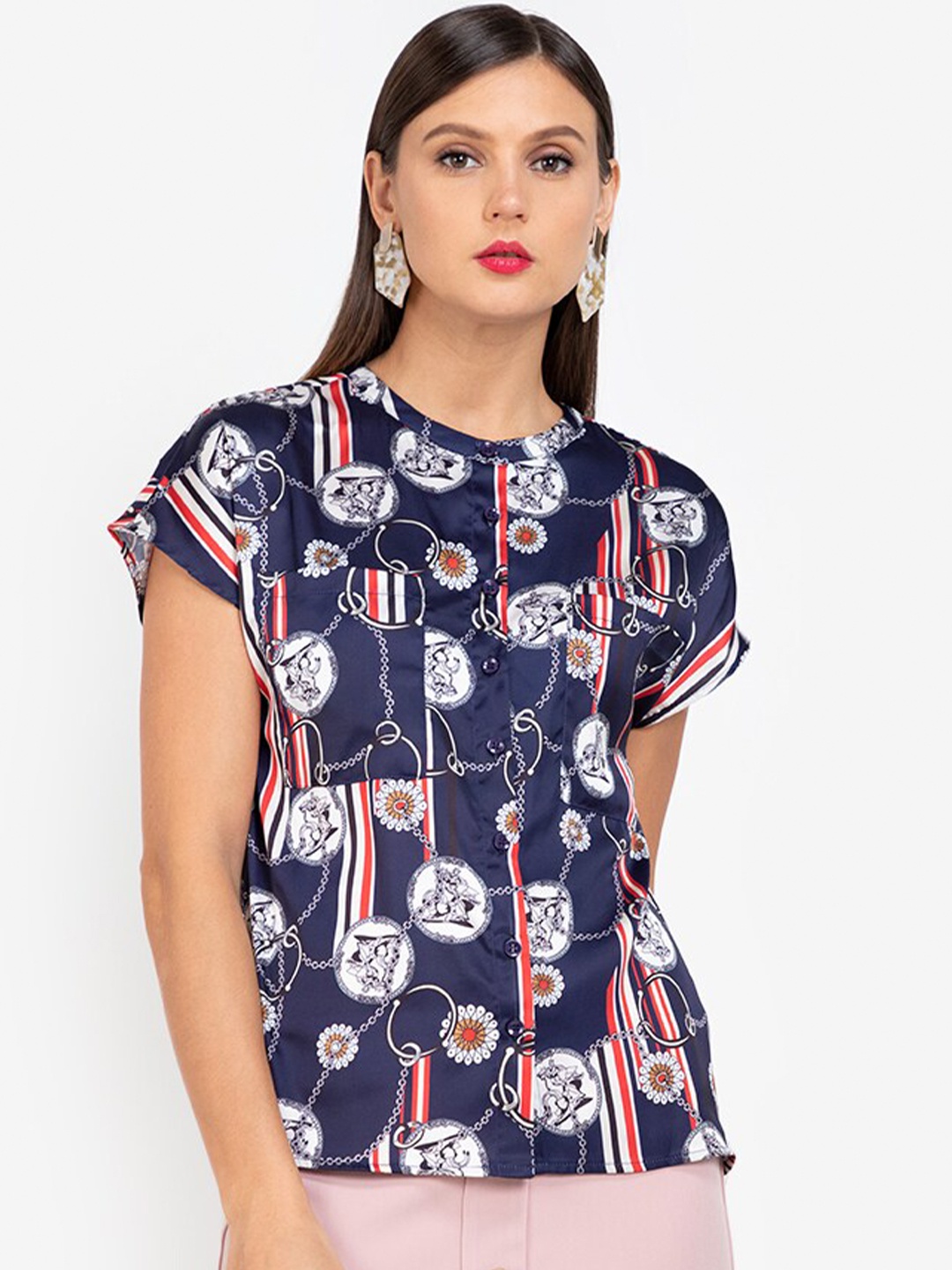 

ZALORA WORK Navy Blue Print Extended Sleeves Top
