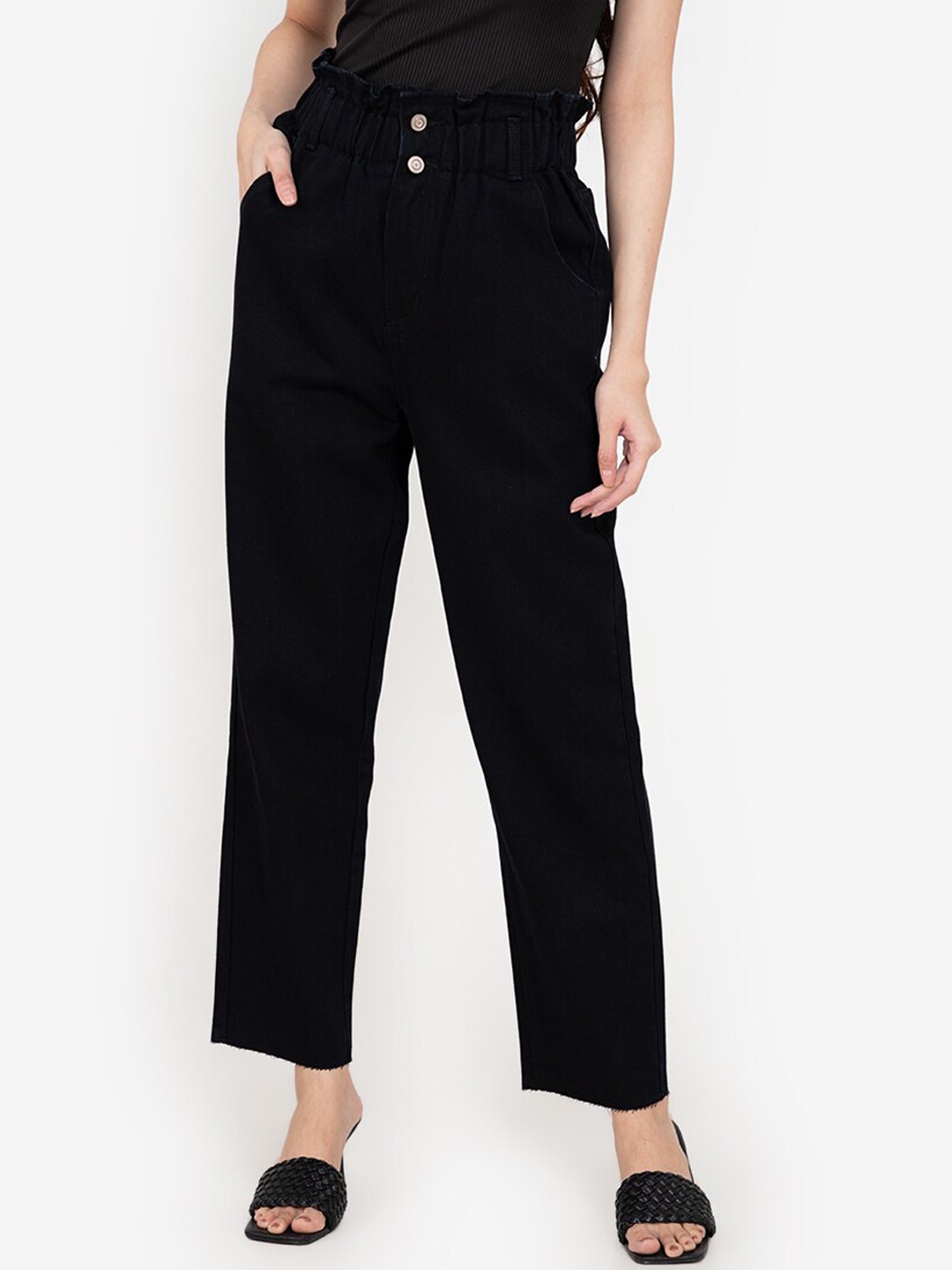 

ZALORA BASICS Women Black Regular Fit Paper Bag Mom Jeans