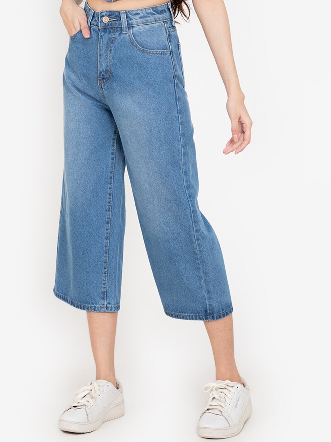 

ZALORA BASICS Women Blue Flared High-Rise Denim Culottes