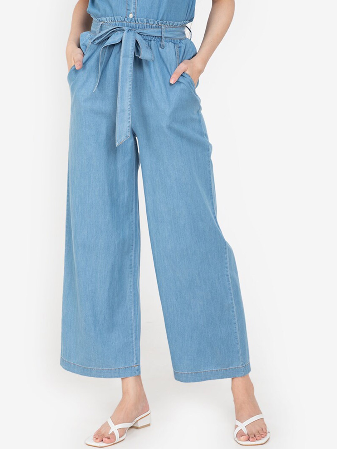 

ZALORA BASICS Women Blue Solid Loose Fit Easy Wash Culottes Trousers