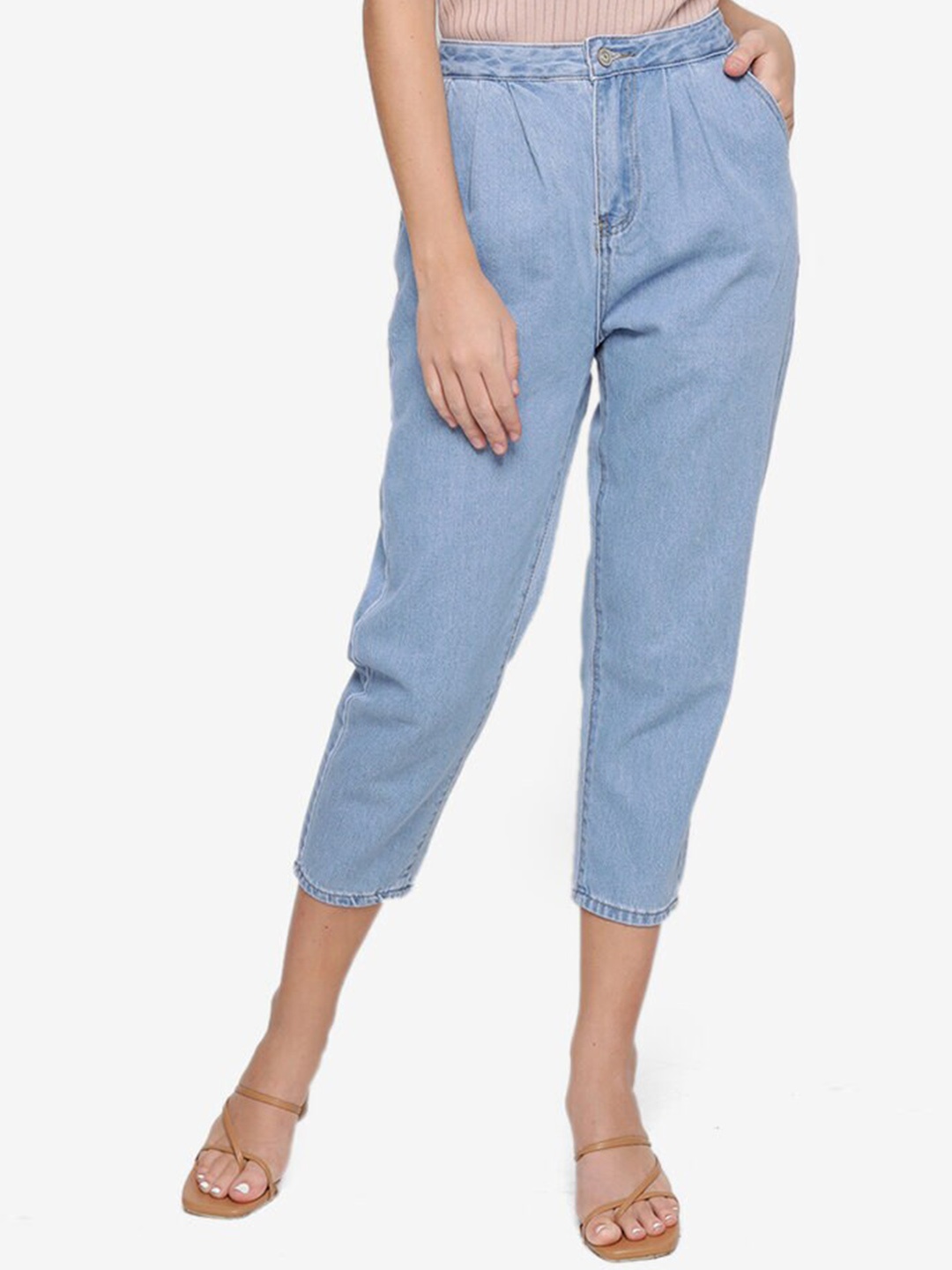 

ZALORA BASICS Women Blue Regular Fit Pleated Top Front Boyfriend Jeans
