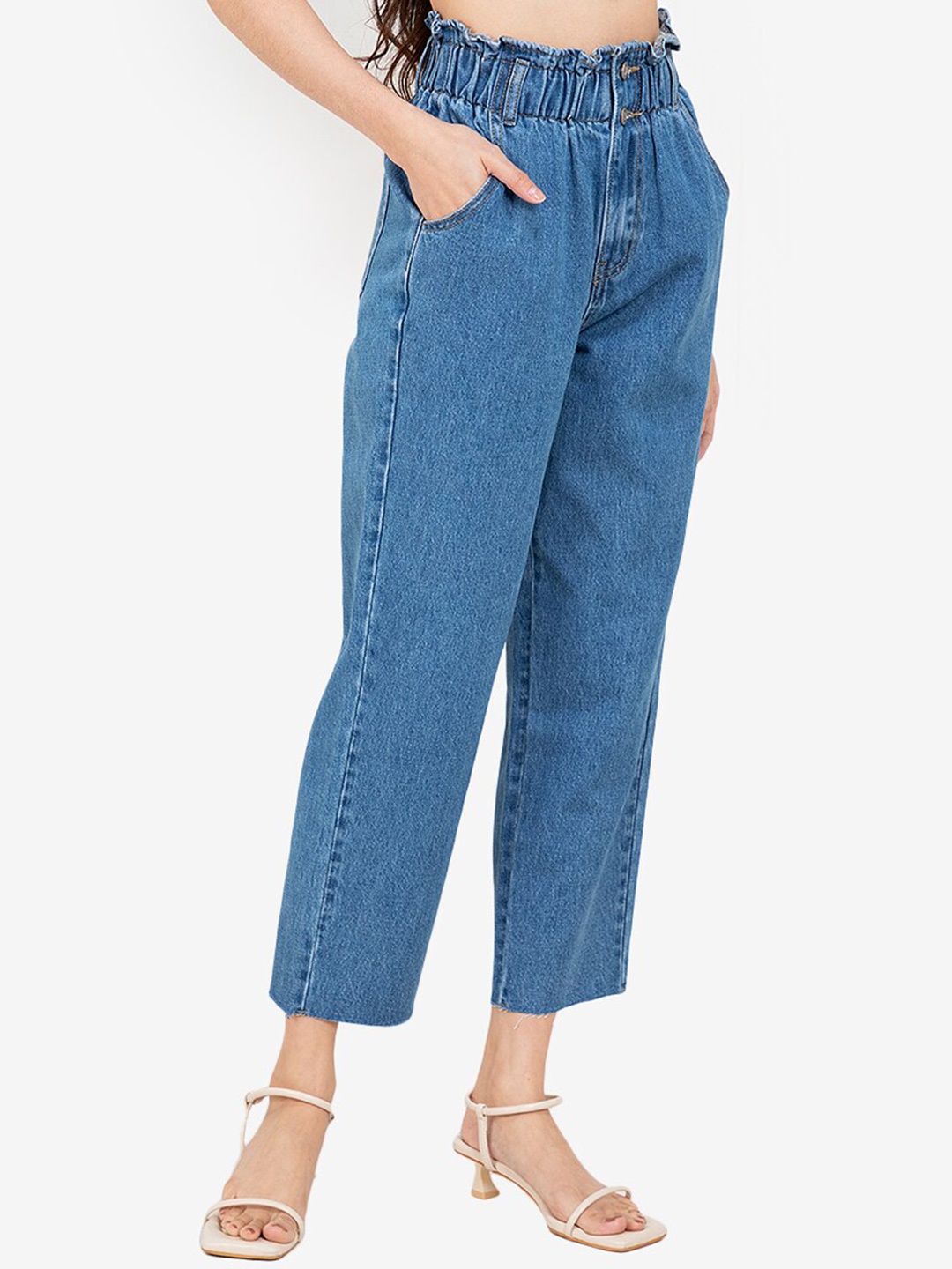 

ZALORA BASICS Women Regular Fit Paper Bag Mom Jeans, Blue