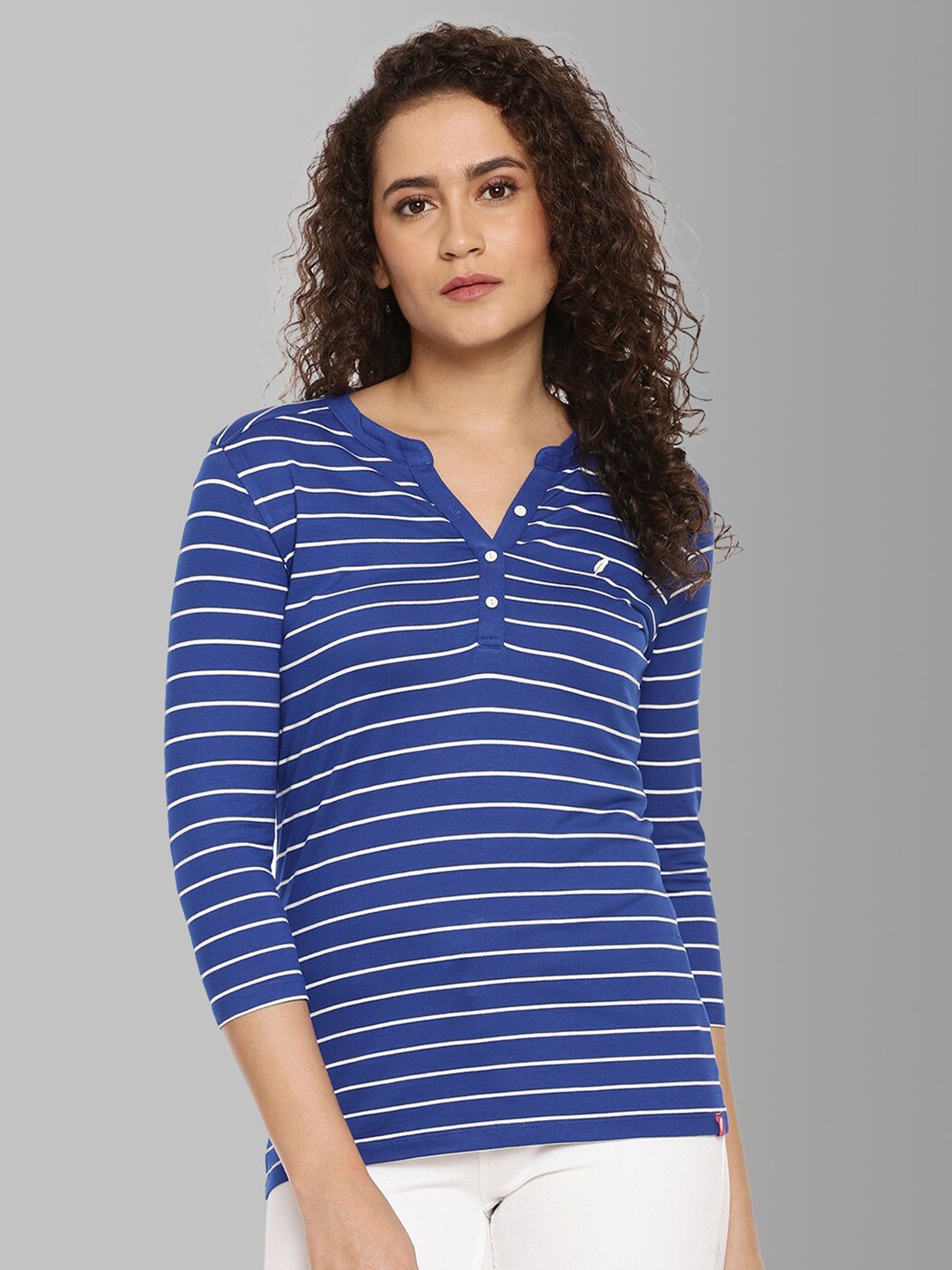 

Feather Soft Elite Women Blue Striped Henley Neck Stretchex T-shirt