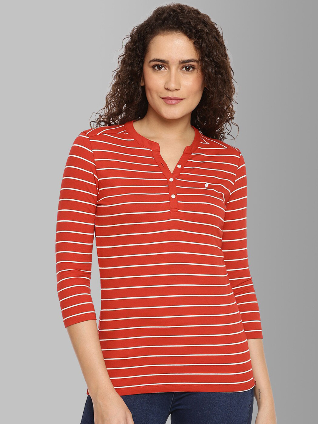 

Feather Soft Elite Women Maroon Striped Henley Neck Stretchex T-shirt