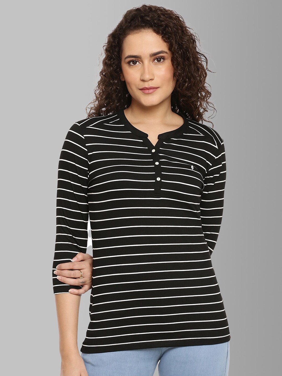 

Feather Soft Elite Women Black & White Striped Henley Neck T-shirt