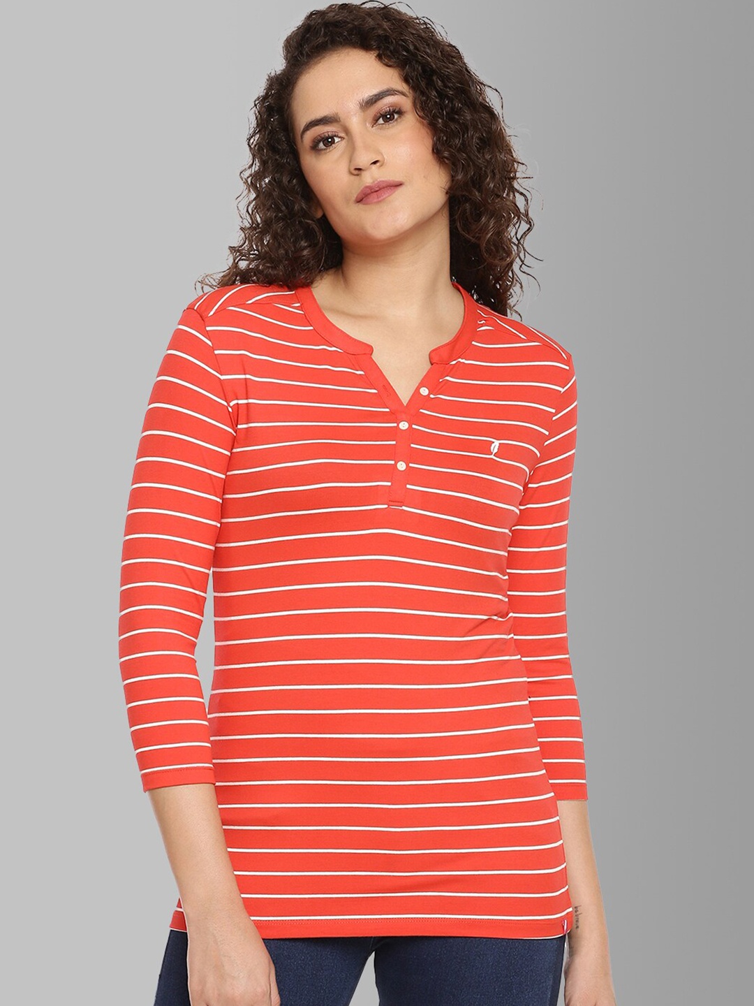 

Feather Soft Elite Women Red Striped Henley Neck Stretchex Rayon T-shirt