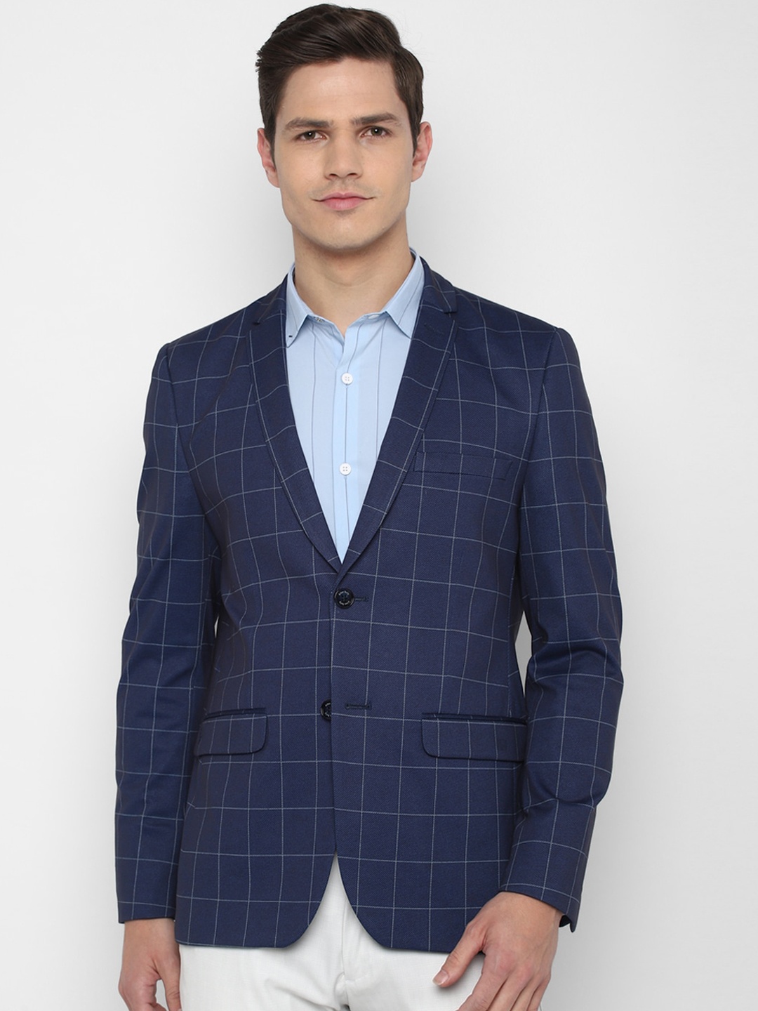 

Allen Solly Men Navy Blue Checked Slim-Fit Single-Breasted Blazer