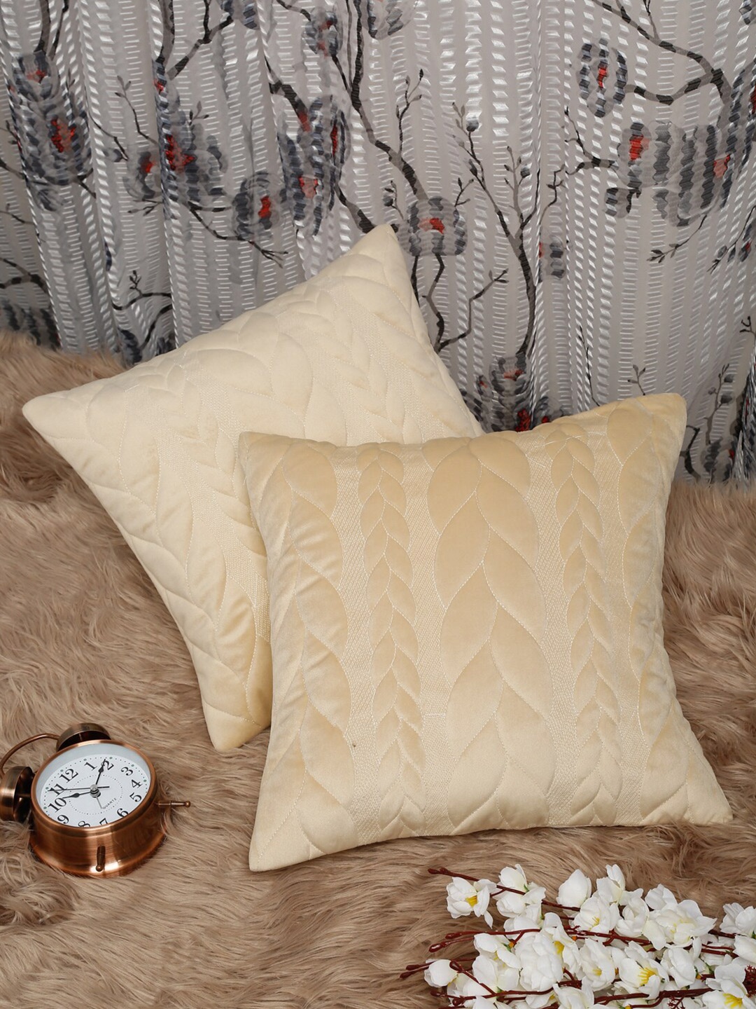 

HOSTA HOMES Cream-Coloured Set of 2 Geometric Velvet Square Cushion Covers