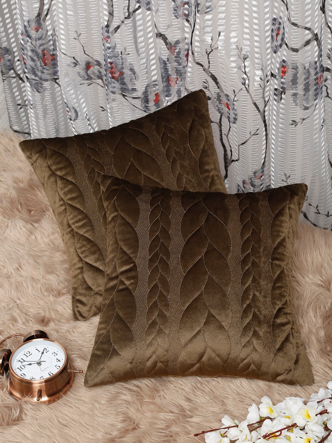 

HOSTA HOMES Brown Set of 2 Floral Velvet Square Cushion Covers