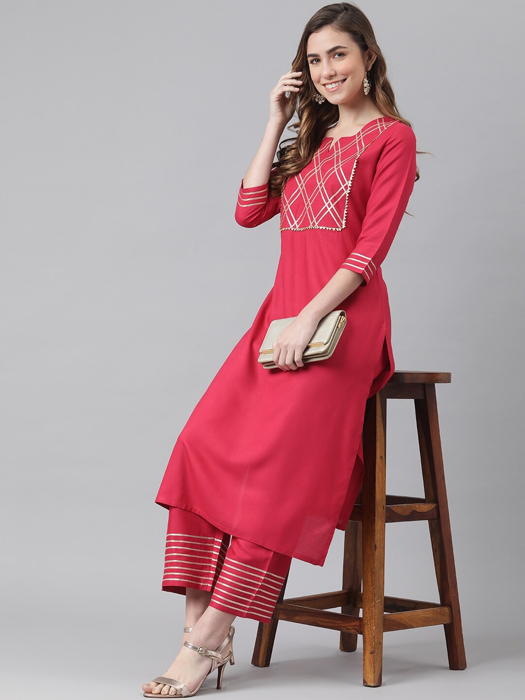 

Khushal K Women Maroon & White Yoke Design Kurta with Palazzos