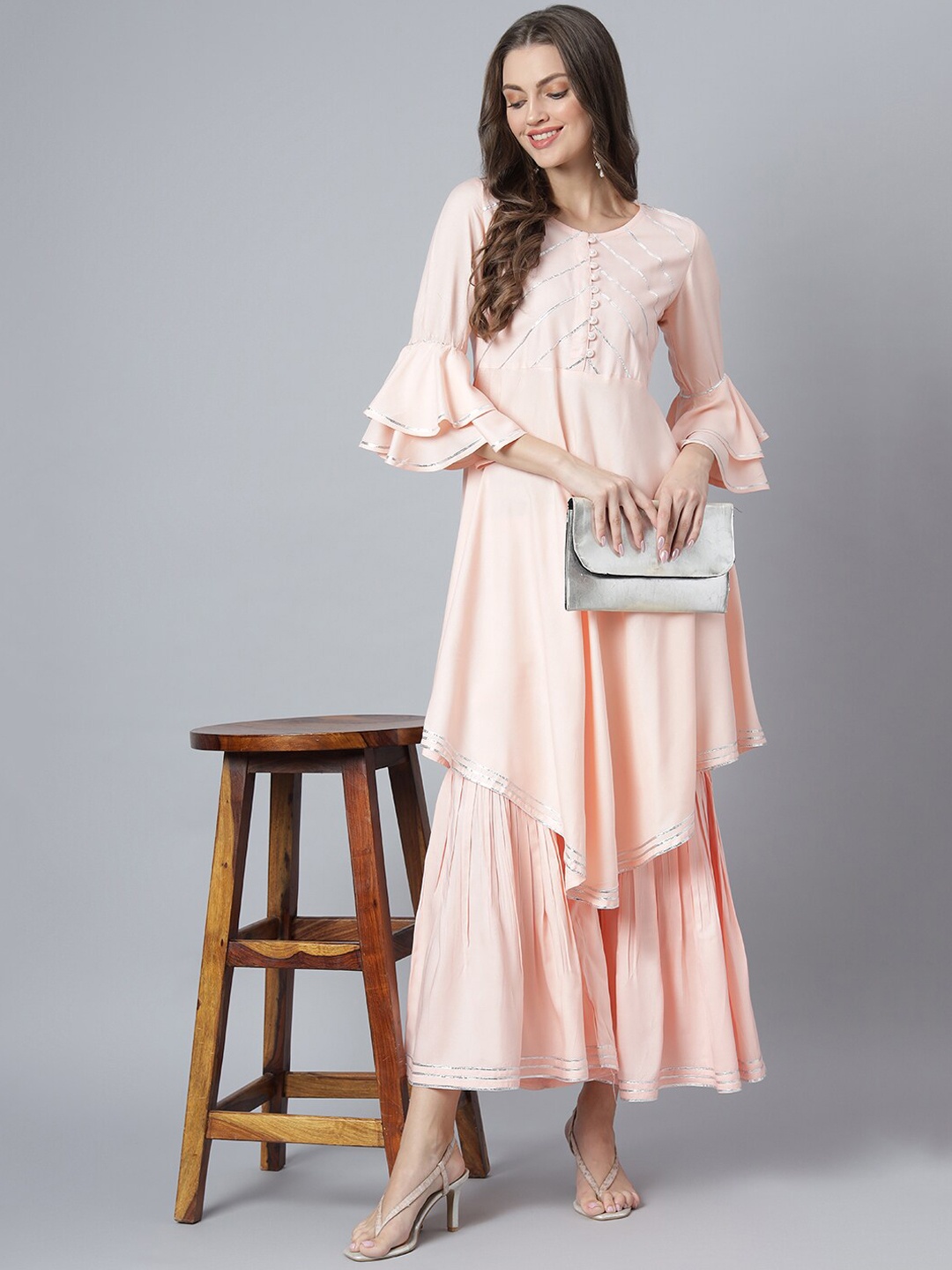 

Khushal K Women Peach-Coloured Striped Gotta Patti Kurta with Sharara