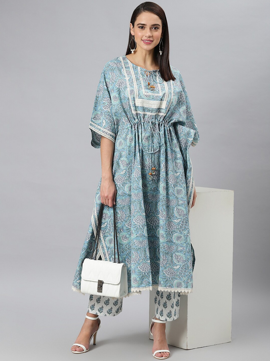 

Khushal K Women Blue Ethnic Motifs Printed Gotta Patti Pure Cotton Kurta with Palazzos