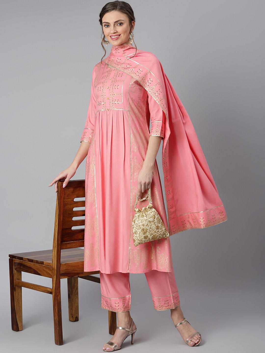 

Khushal K Women Pink & Golden Ethnic Motifs Printed Kurta with Trousers & Dupatta