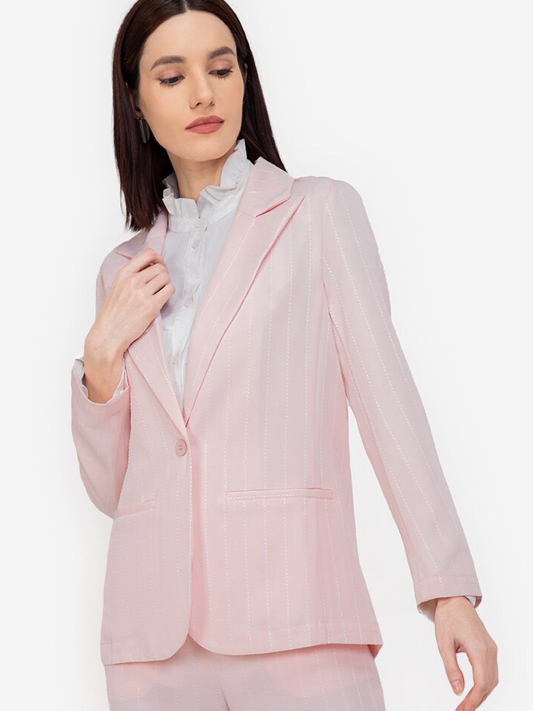 

ZALORA WORK Women Pink Striped Single-Breasted Blazer