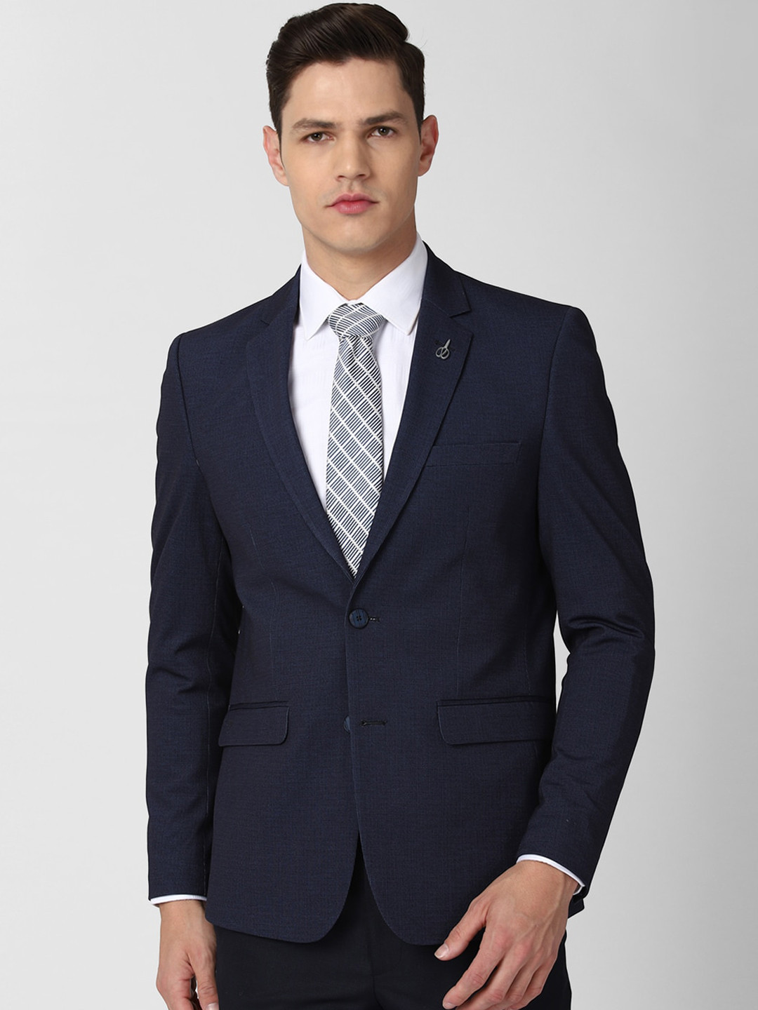 

Van Heusen Men Navy Blue Striped Slim Fit Single Breasted Formal Blazer
