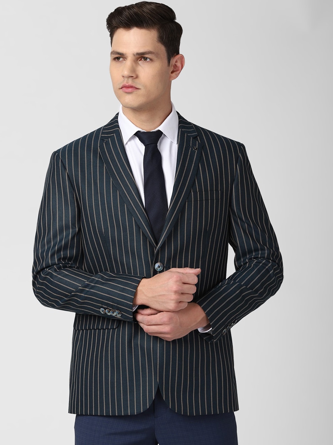 

Van Heusen Men Navy Blue Striped Single-Breasted Slim-Fit Casual Blazer