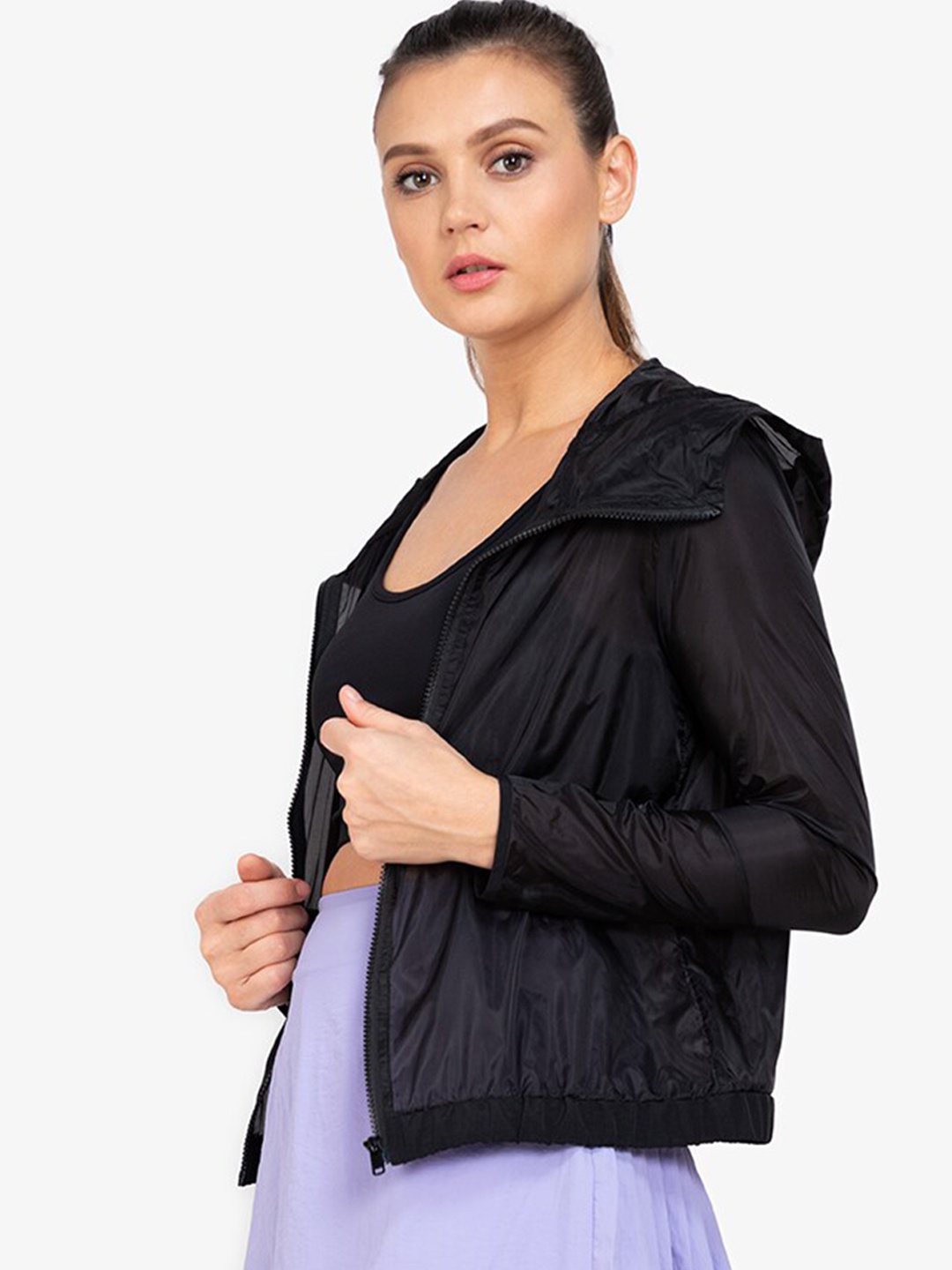 

ZALORA ACTIVE Women Black Semi Sheer Windcheater Hooded Bomber Jacket