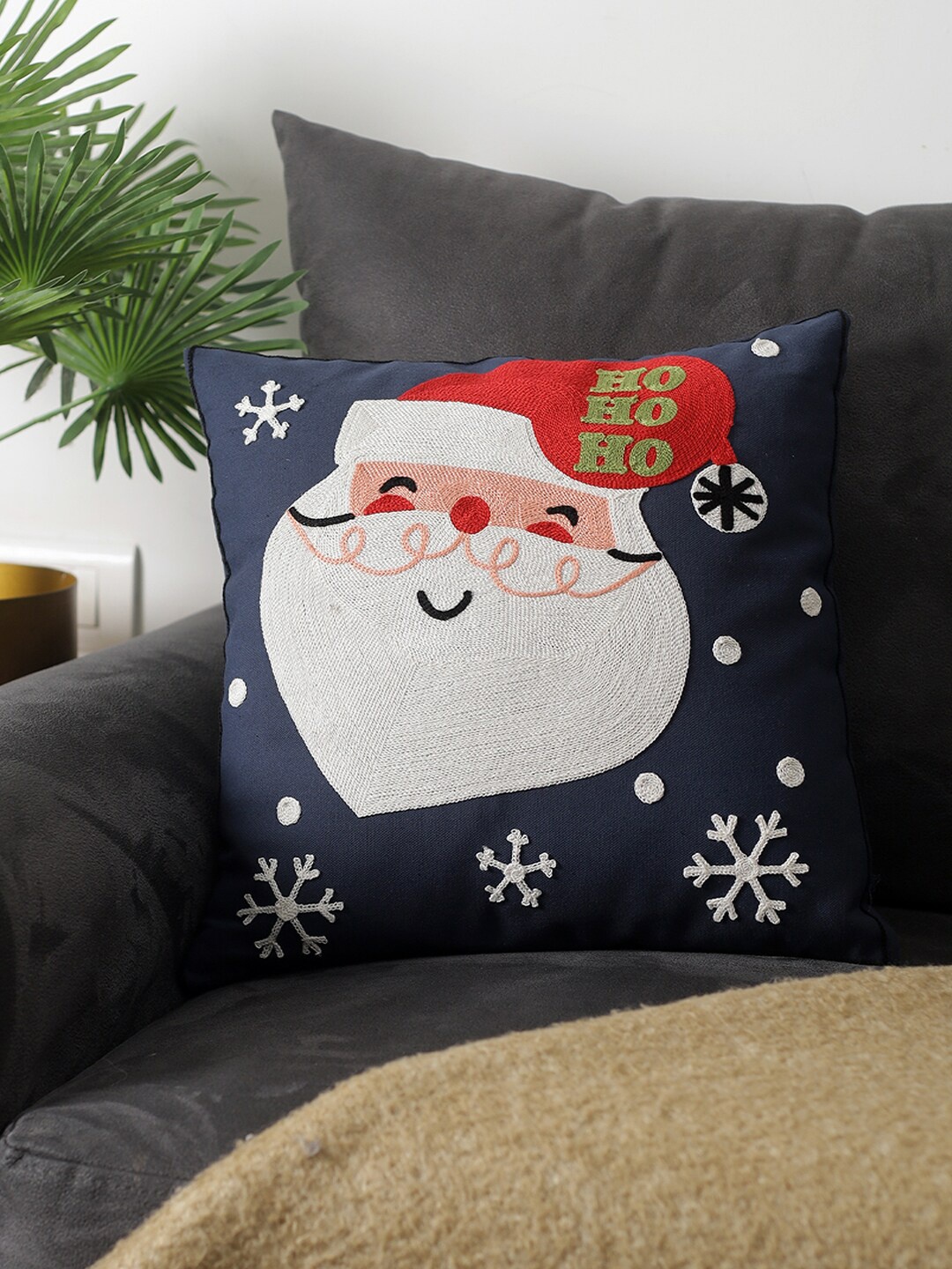 

A Vintage Affair- Home Decor Navy Blue & White Santa Claus Embroidered Cushion Cover