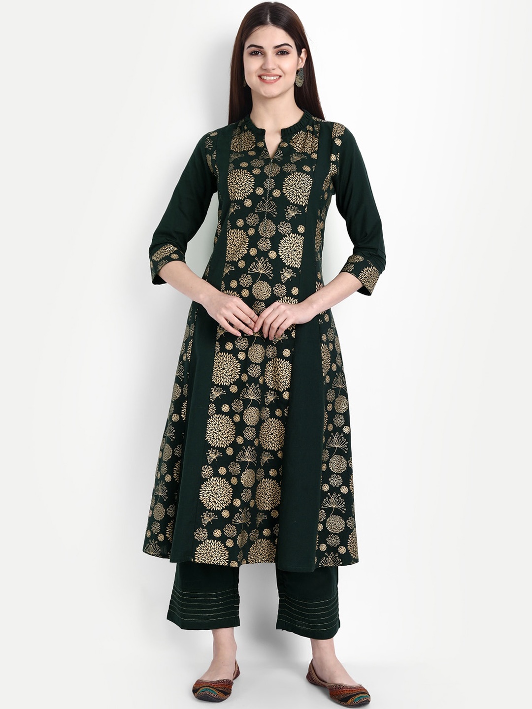 

SUTI Women Green Ethnic Motifs Printed Panelled Pure Cotton Kurta with Palazzos