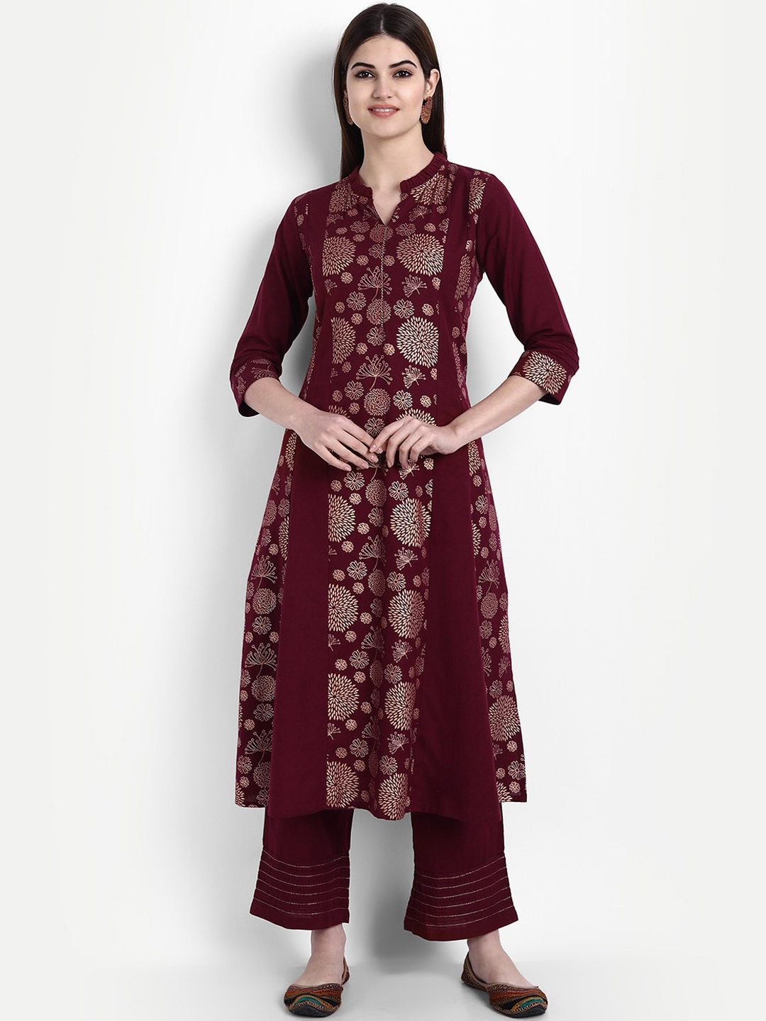 

SUTI Women Maroon Floral Printed Panelled Pure Cotton Kurta with Palazzos