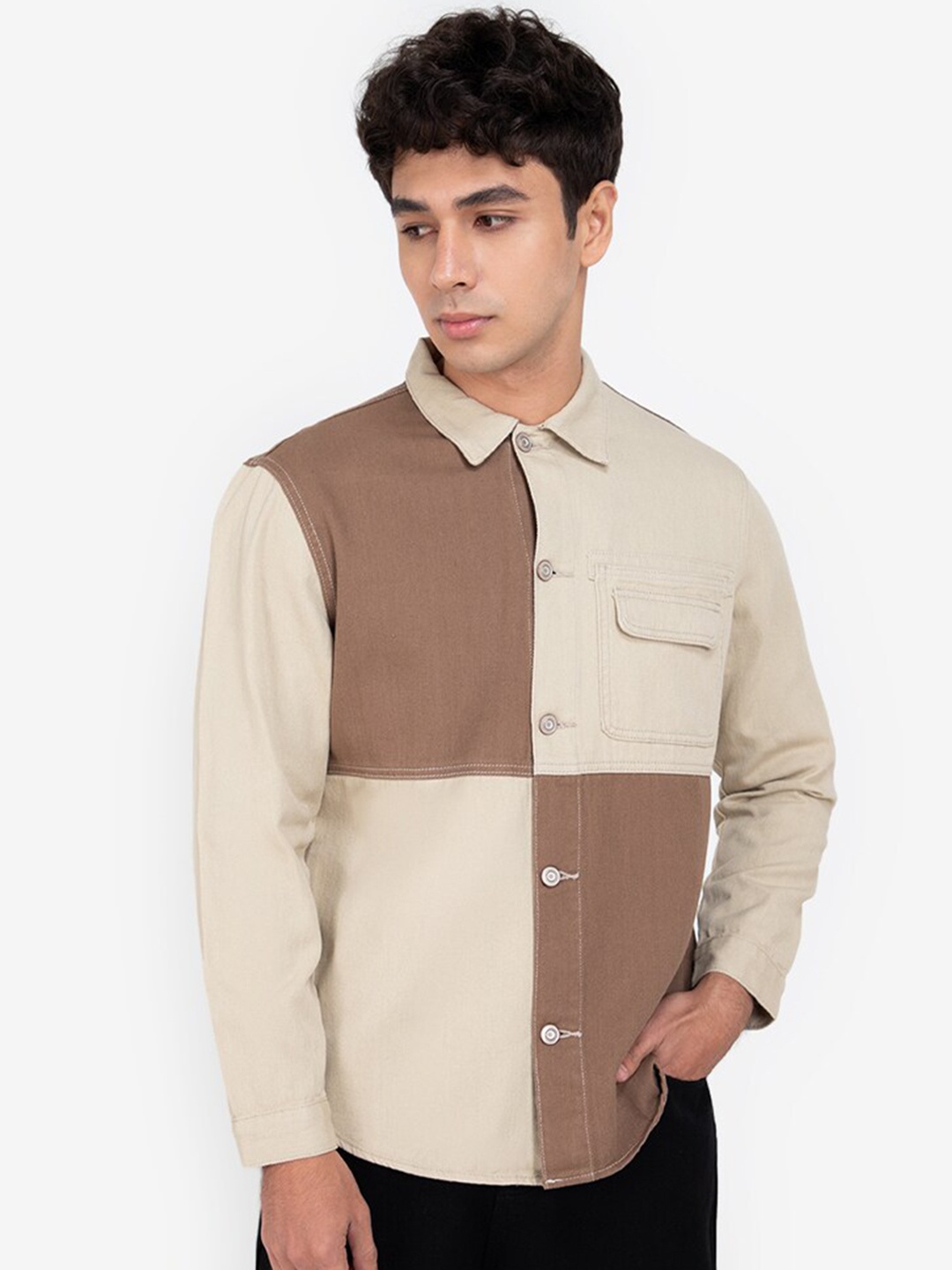 

ZALORA BASICS Men Brown Colourblocked Casual Shirt