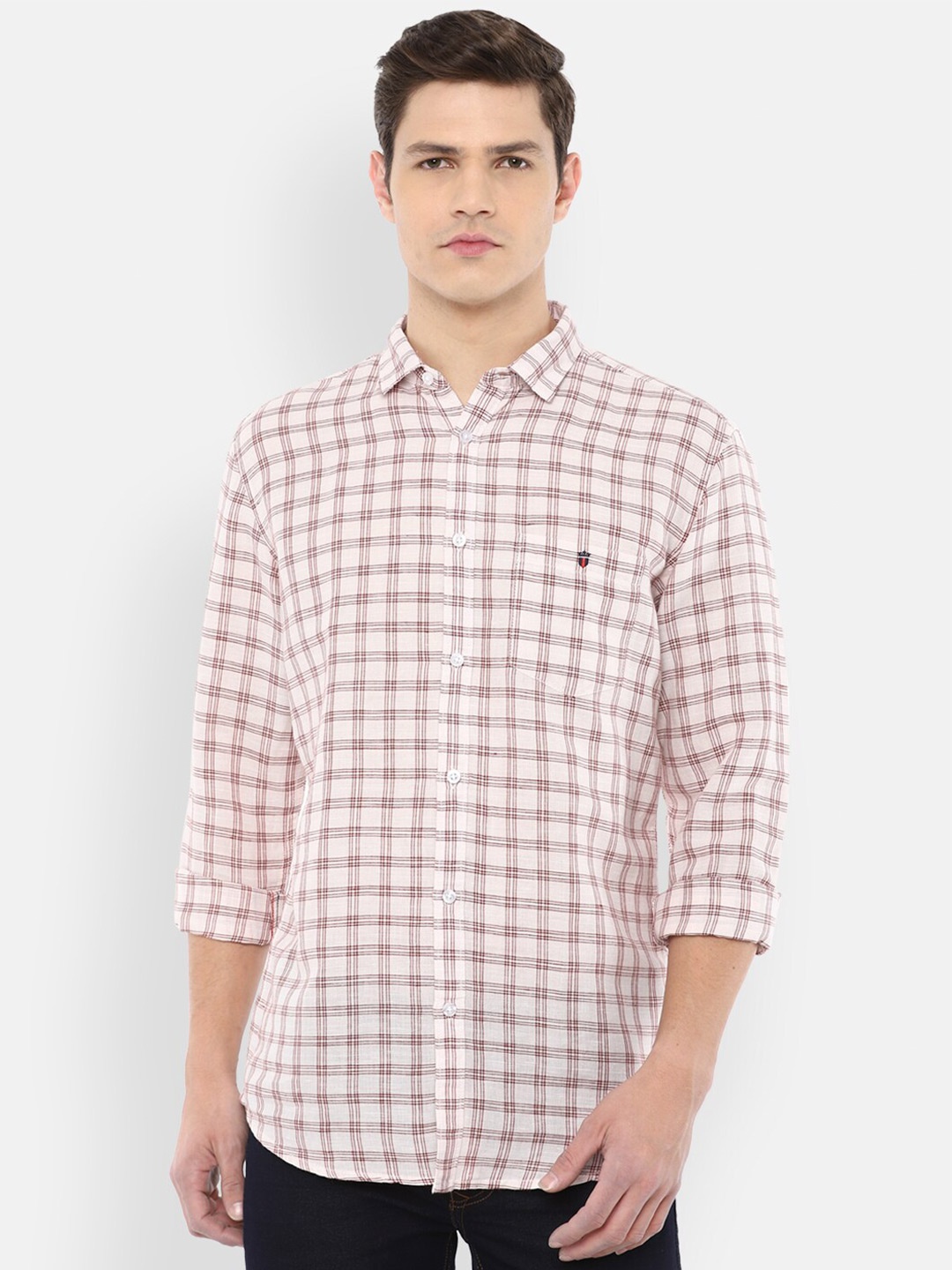 

Louis Philippe Jeans Men Cream-Coloured Slim Fit Checked Casual Shirt
