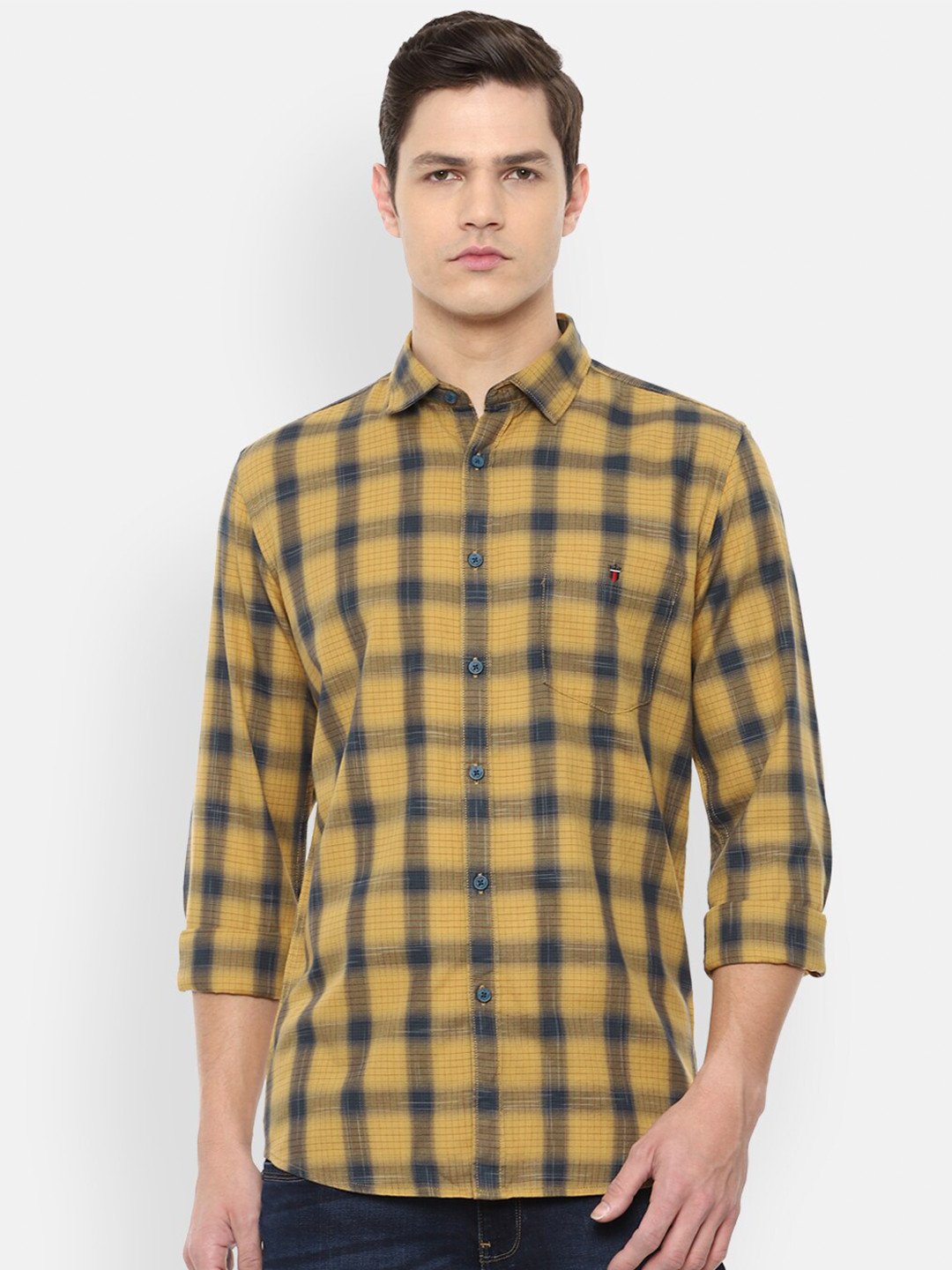 

Louis Philippe Jeans Men Yellow Checked Slim Fit Cotton Casual Shirt