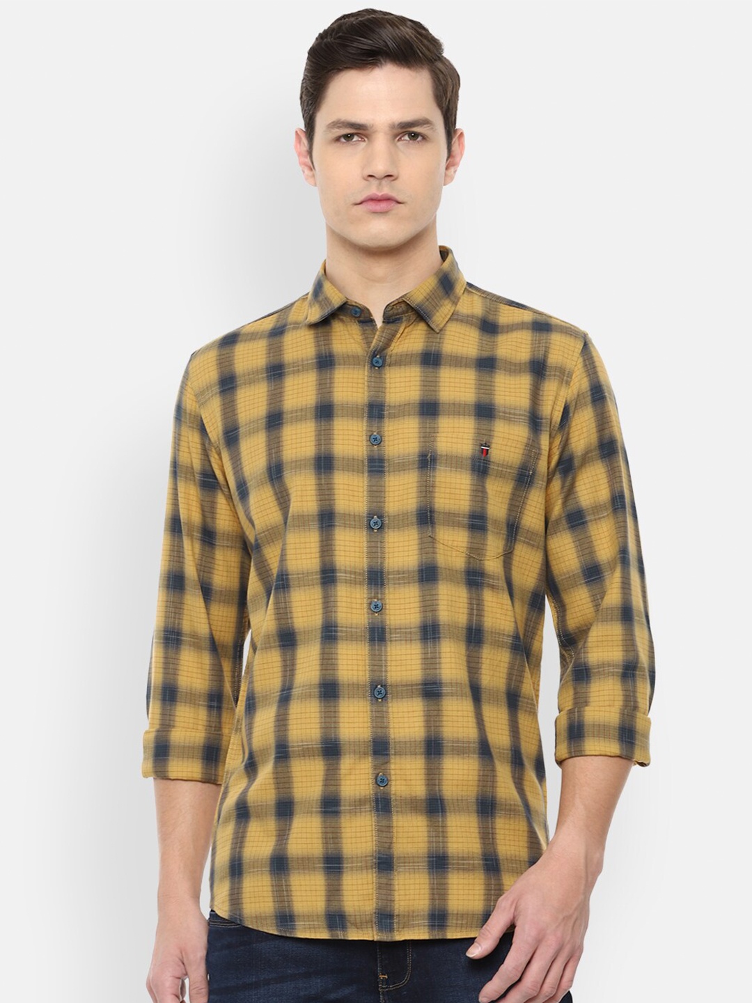 

Louis Philippe Jeans Men Yellow & Blue Slim Fit Checked Cotton Casual Shirt