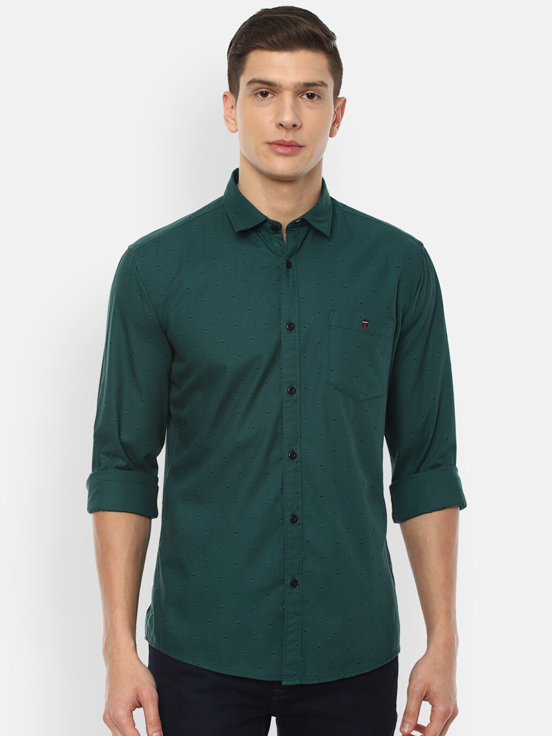 

Louis Philippe Jeans Men Green Slim Fit Micro Ditsy Printed Pure Cotton Casual Shirt