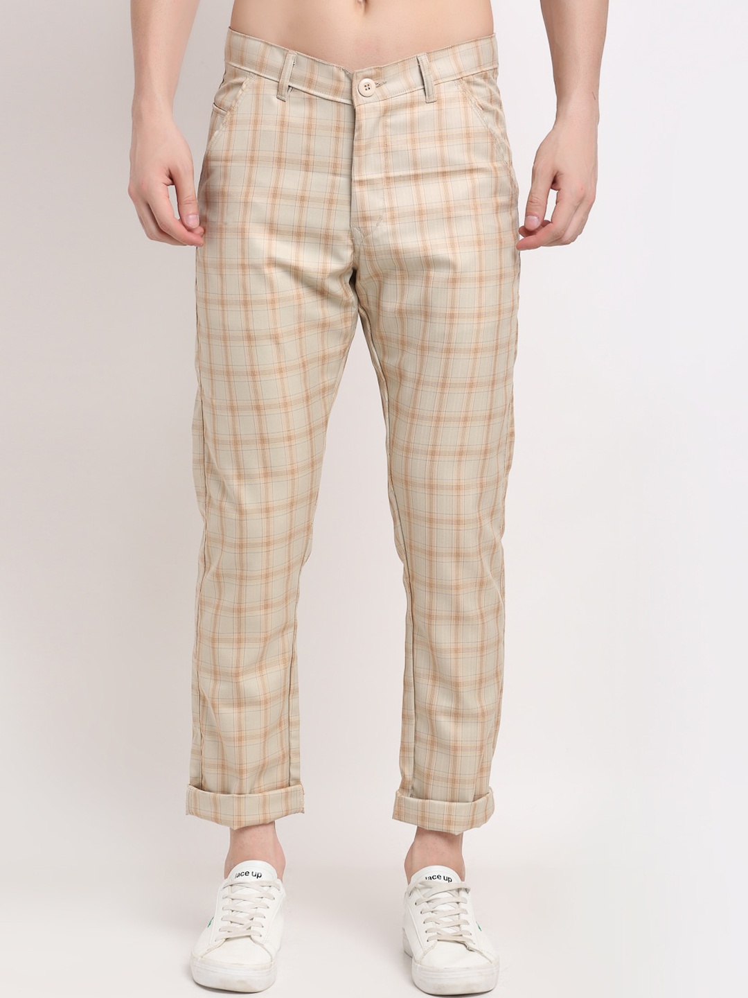 

JAINISH Men Cream & Brown Checked Cotton Casual Trousers