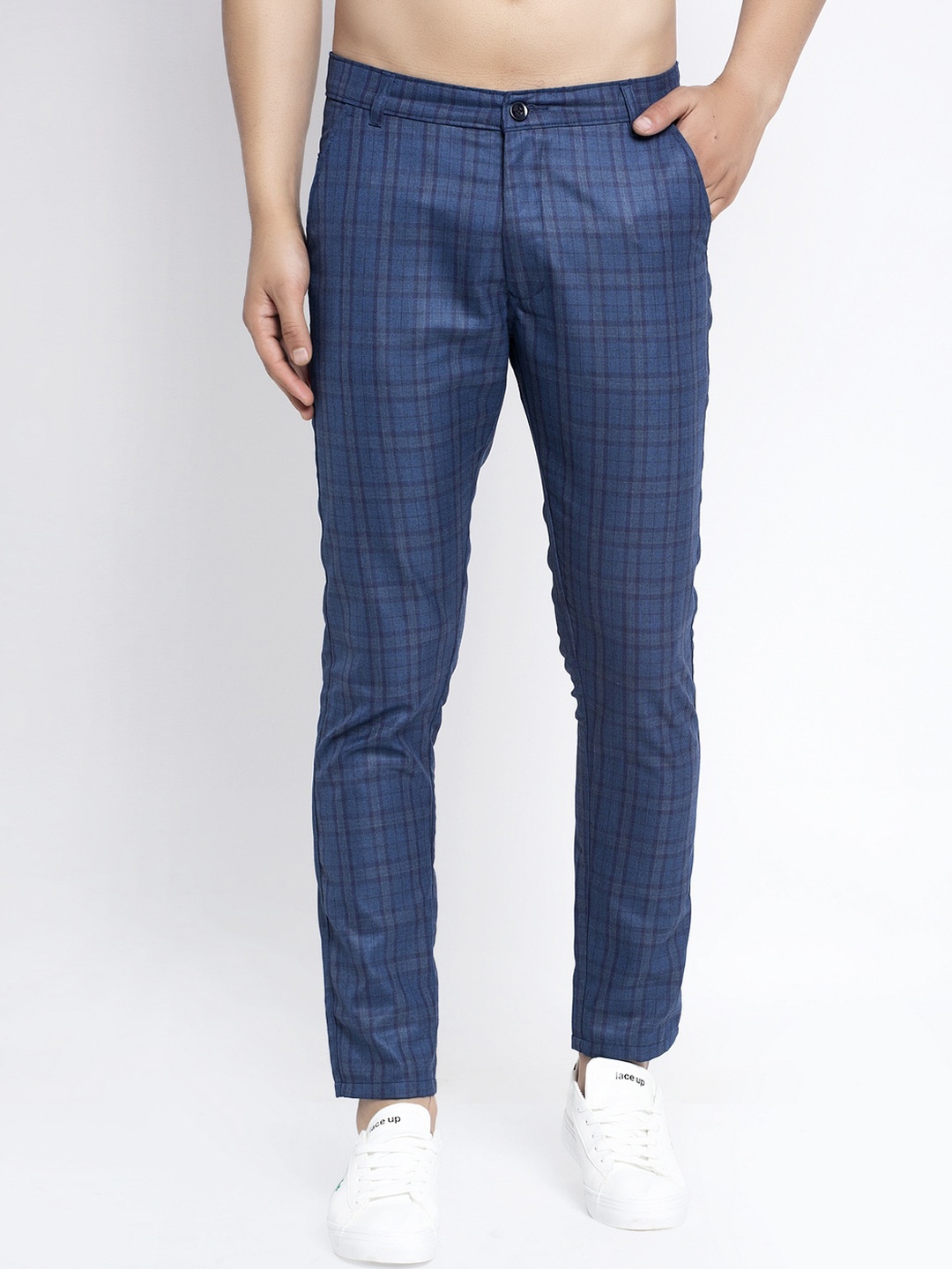 

JAINISH Men Navy Blue Checked Cotton Casual Trousers