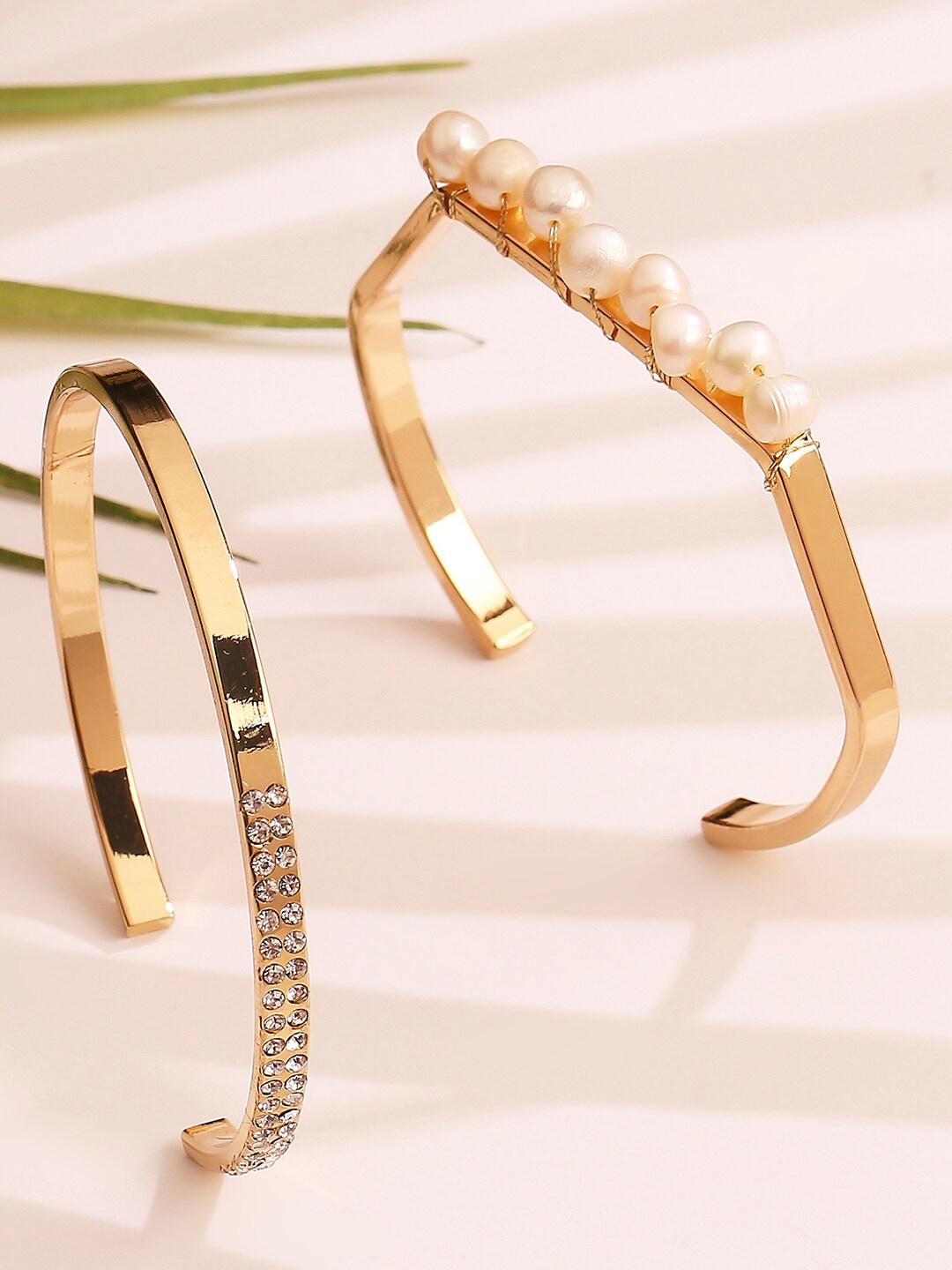 

Lilly & sparkle Women 2 Gold-Toned & White Pearls Gold-Plated Bangle-Style Bracelet
