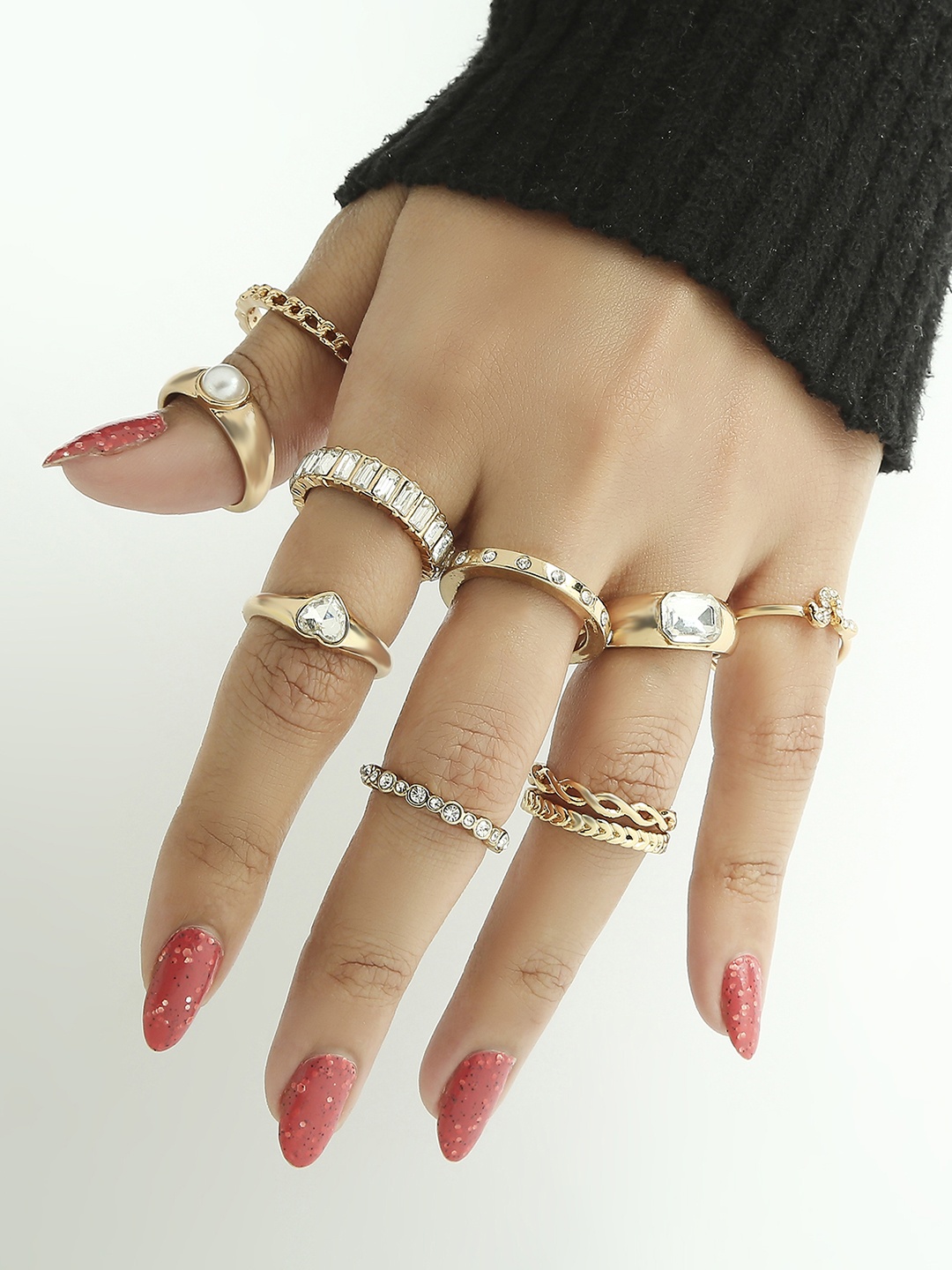 

Lilly & sparkle Set Of 10 Gold-Tonned Stone Studded Rings