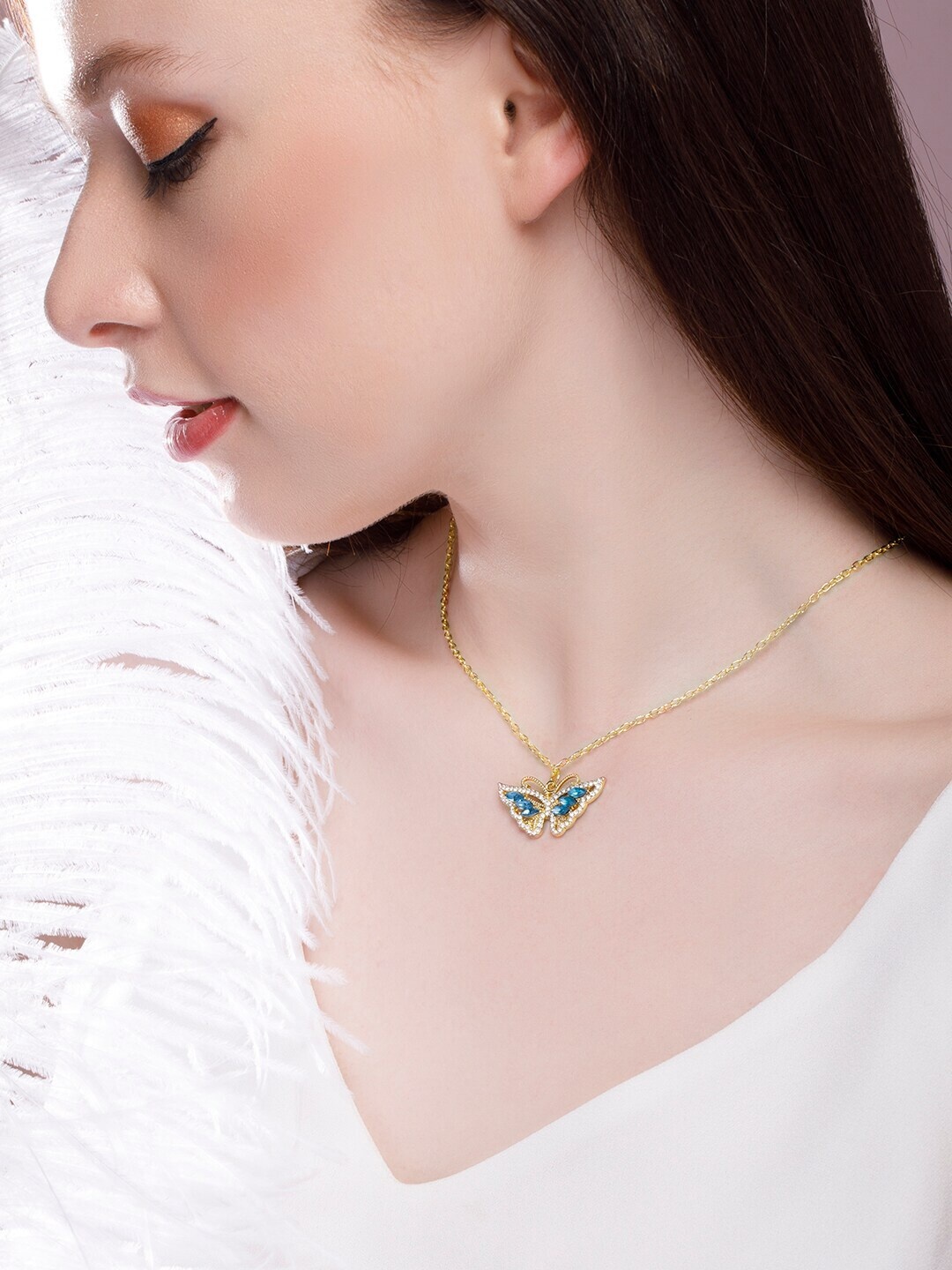 

Rubans Voguish Gold-Toned & Blue AD Studded 22K Gold-Plated Butterfly Pendant Chain