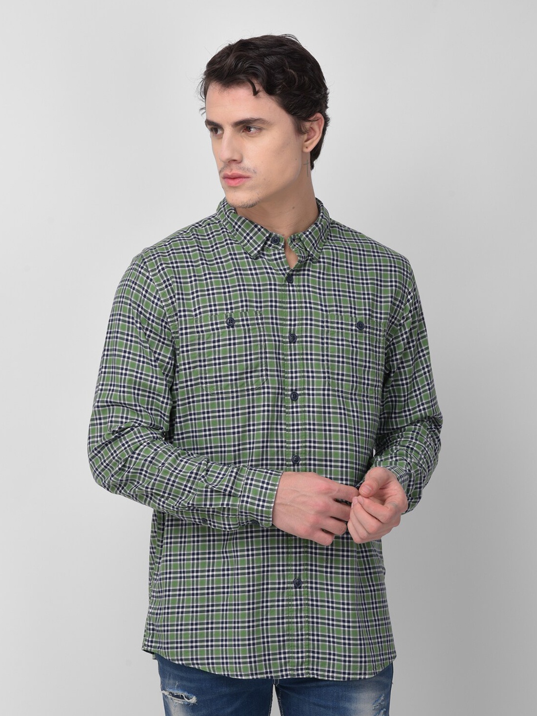 

Woodland Men Green & Navy Blue Checked Pure Cotton Casual Shirt