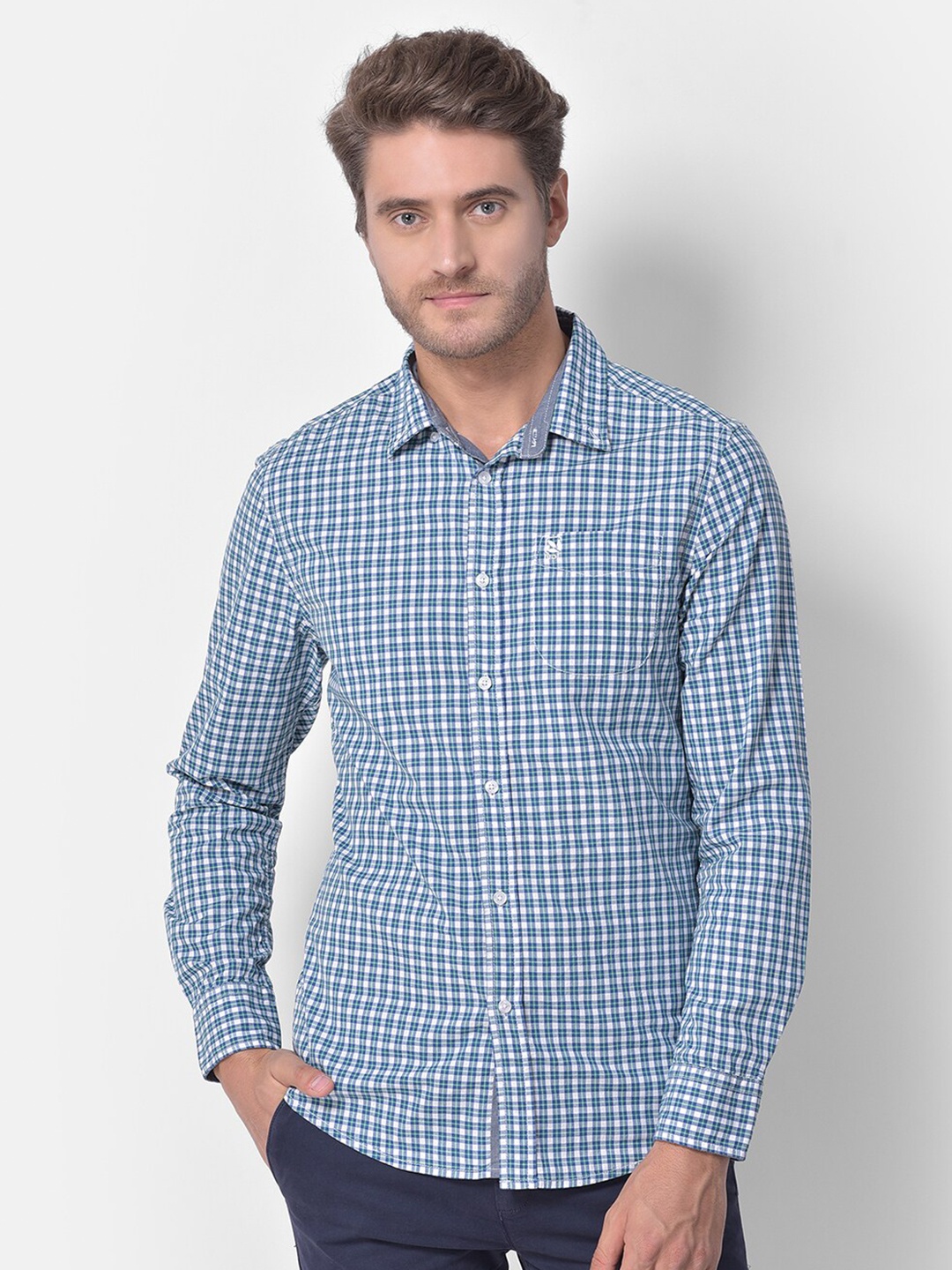 

Woodland Men Blue Grid Tattersall Checked Cotton Casual Shirt