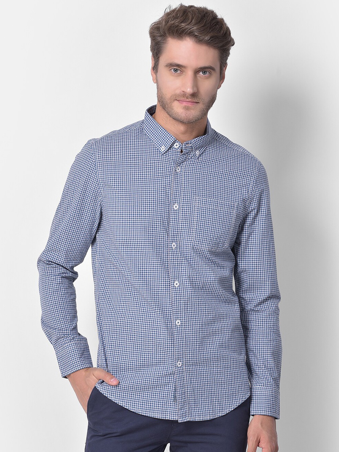 

Woodland Men Blue Micro Checks Checked Pure Cotton Casual Shirt