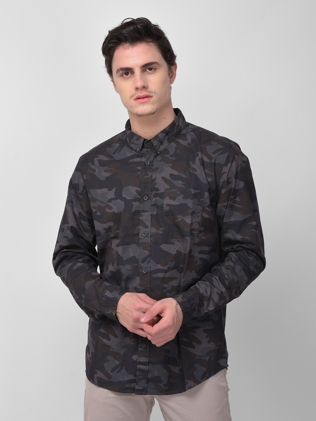 

Woodland Men Charcoal Grey Camouflage Printed Pure Cotton Casual Shirt