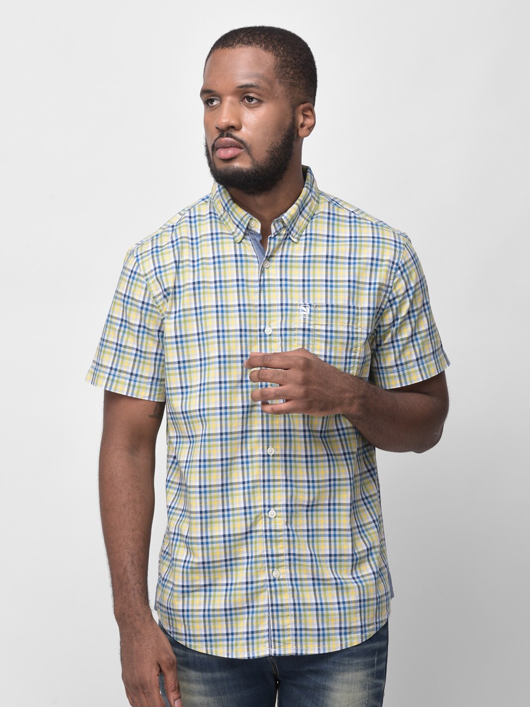 

Woodland Men Yellow & Blue Tartan Checks Checked Pure Cotton Casual Shirt