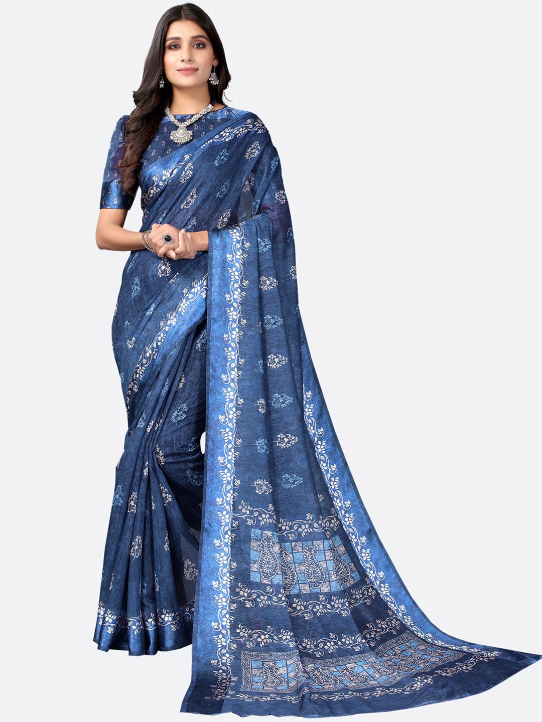 

SIRIL Navy Blue & White Ethnic Motifs Saree