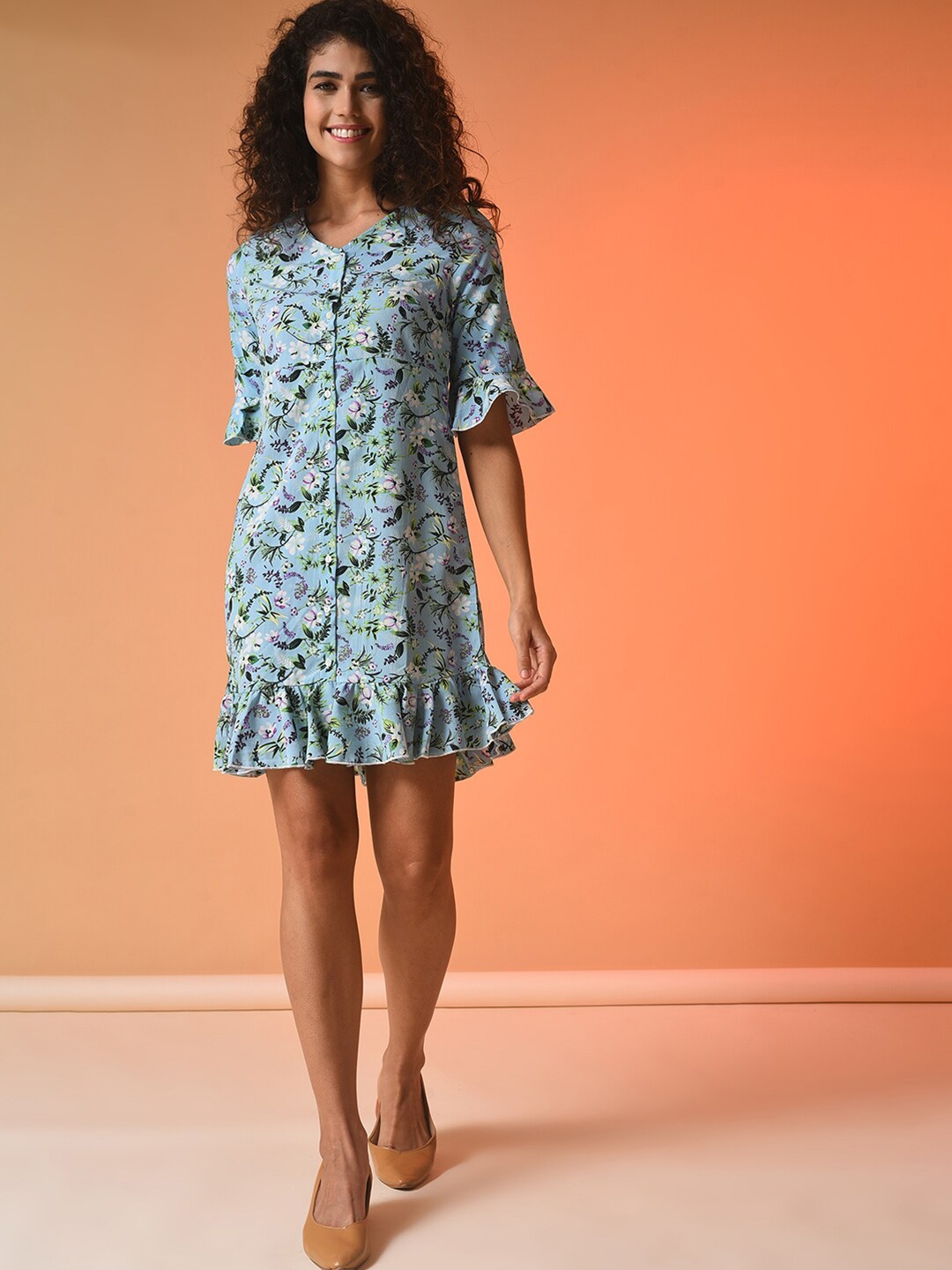 

Campus Sutra Green Floral Shirt Dress